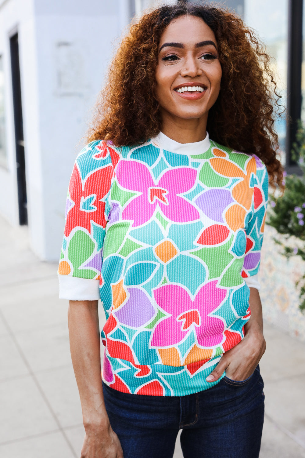 Haptics Multicolor Floral Rib Back Bow Tie Detail Top