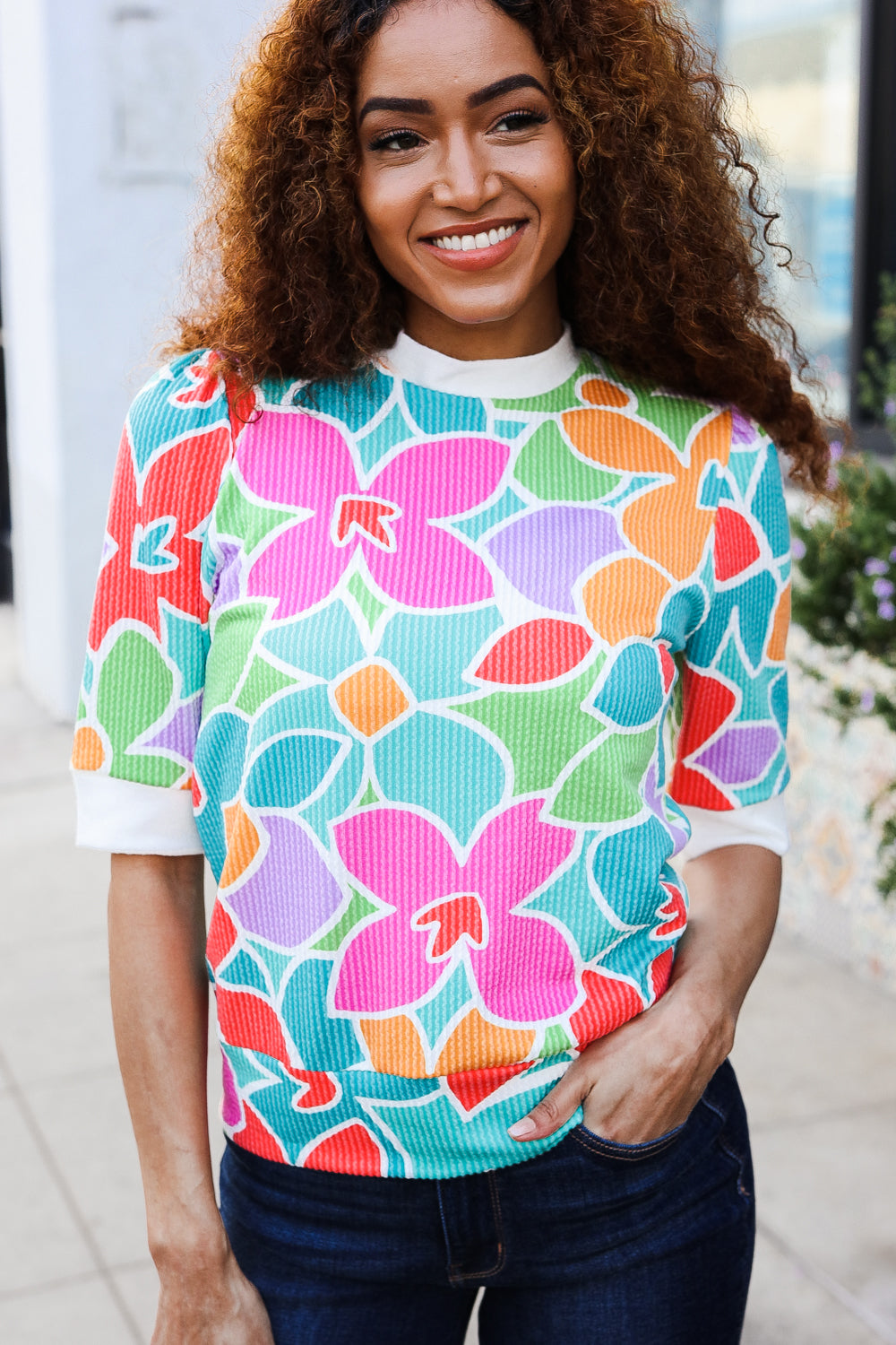 Haptics Multicolor Floral Rib Back Bow Tie Detail Top