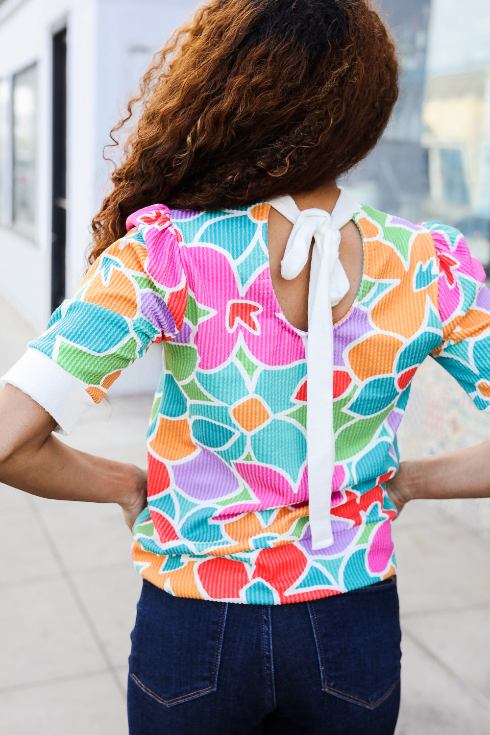 Haptics Multicolor Floral Rib Back Bow Tie Detail Top
