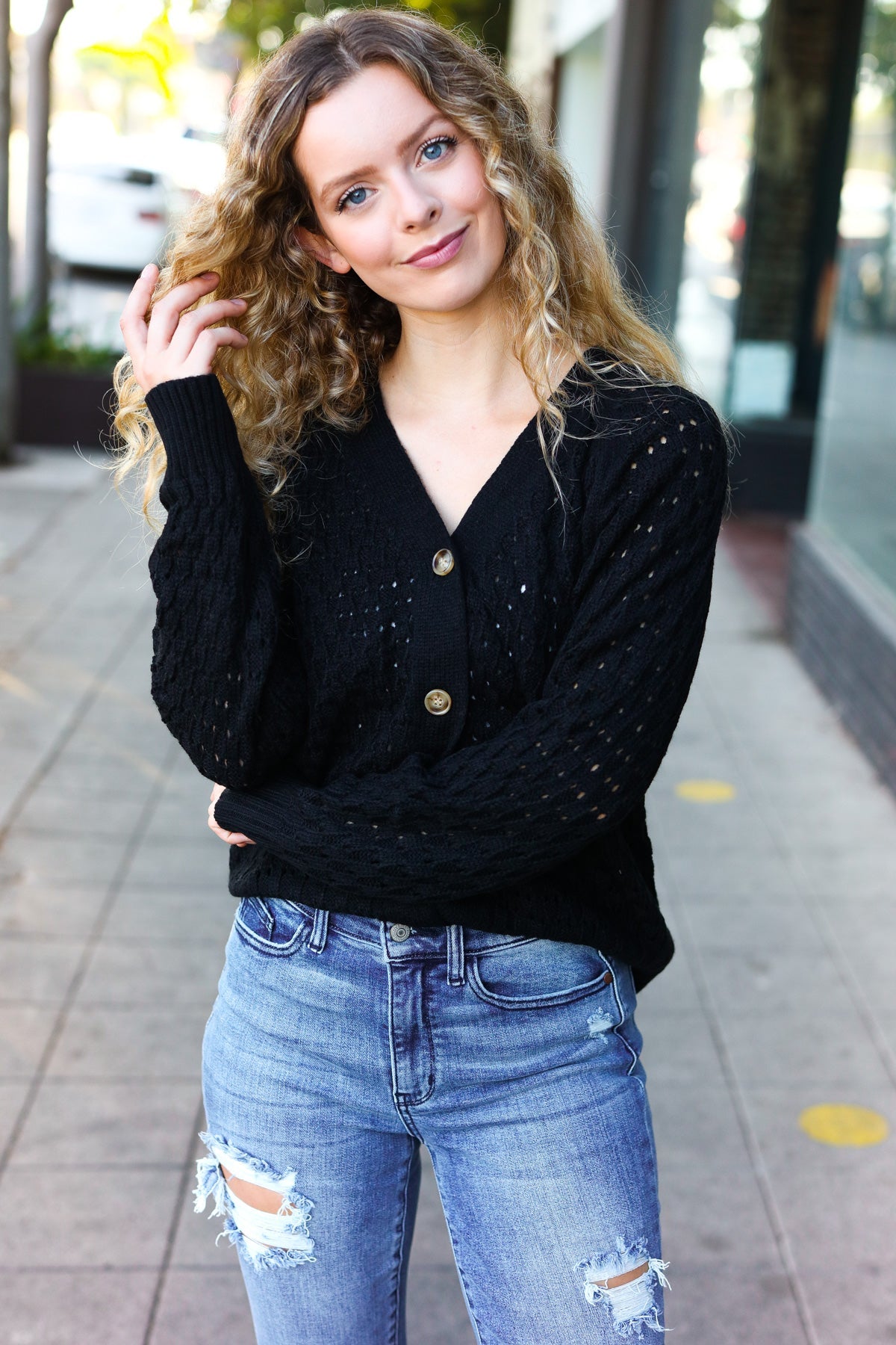 Haptics Black Pointelle Knit Button Down Cardigan 2024 Blow-Out Sale