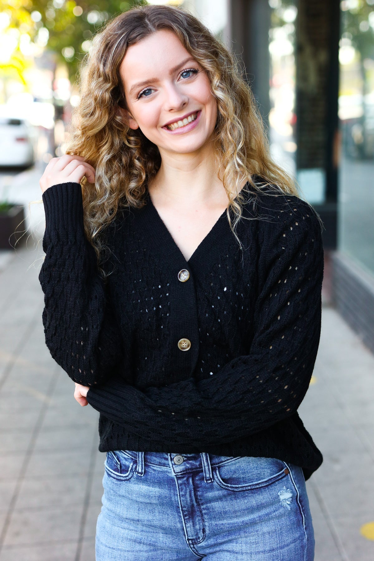 Haptics Black Pointelle Knit Button Down Cardigan 2024 Blow-Out Sale