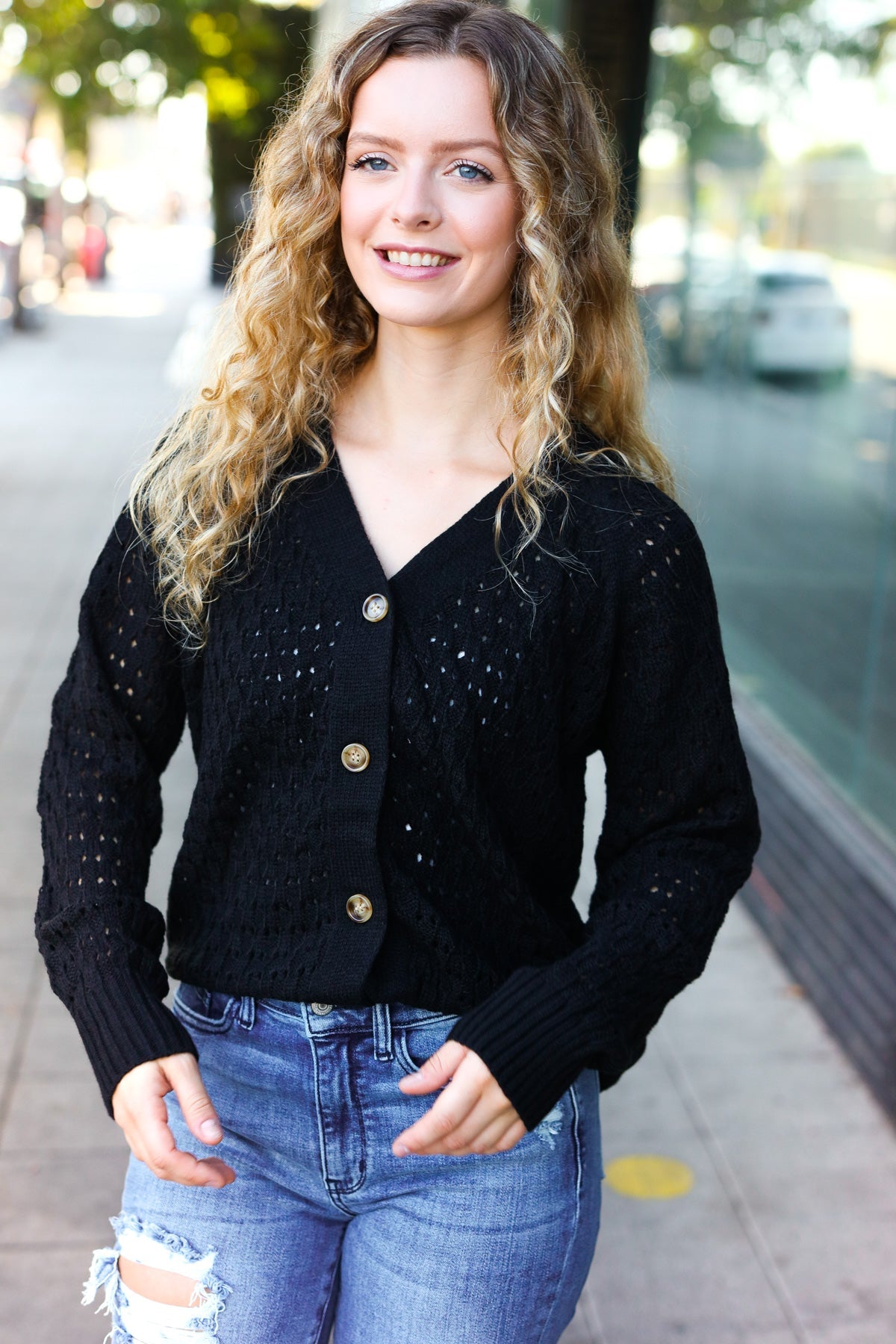 Haptics Black Pointelle Knit Button Down Cardigan 2024 Blow-Out Sale