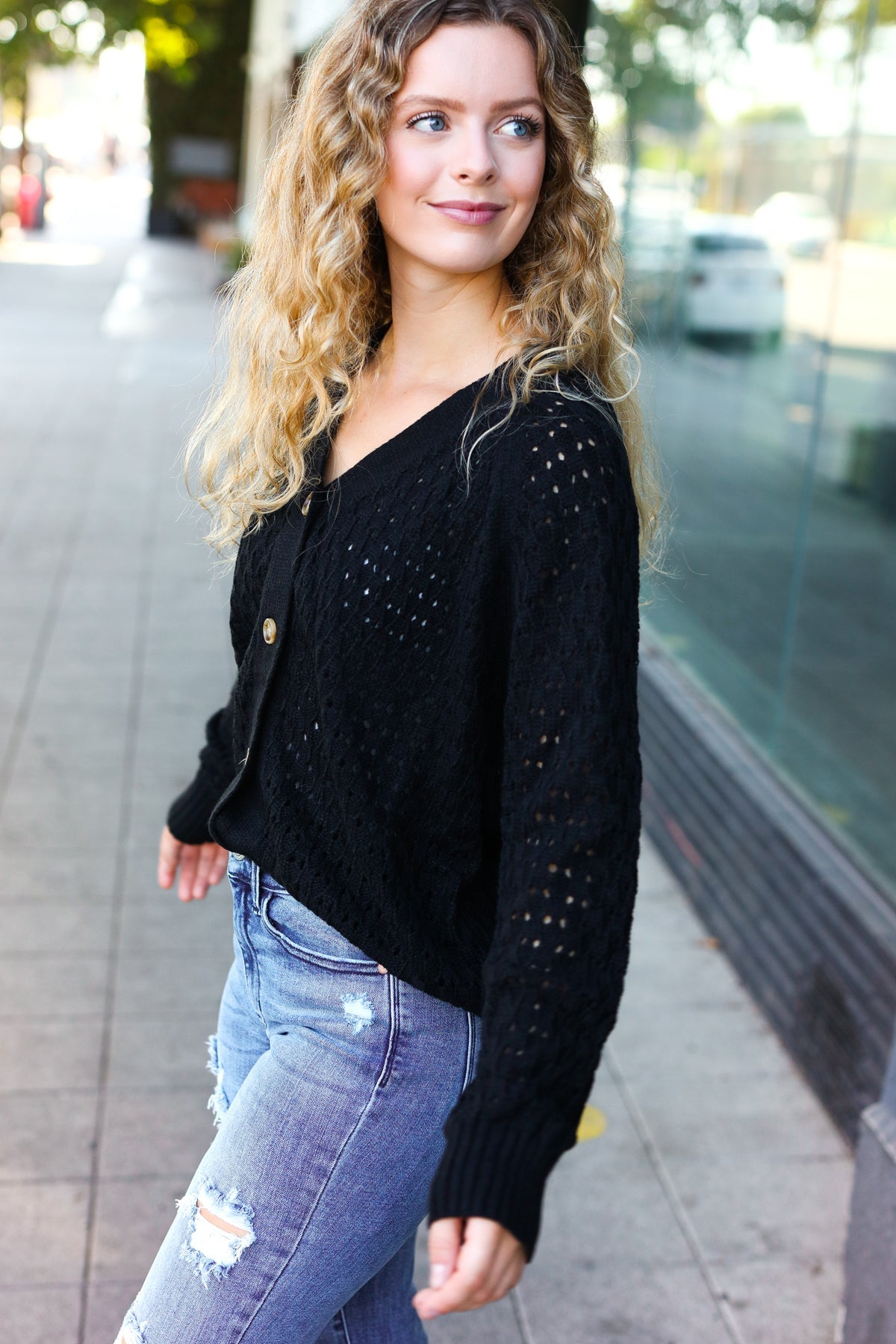 Haptics Black Pointelle Knit Button Down Cardigan 2024 Blow-Out Sale