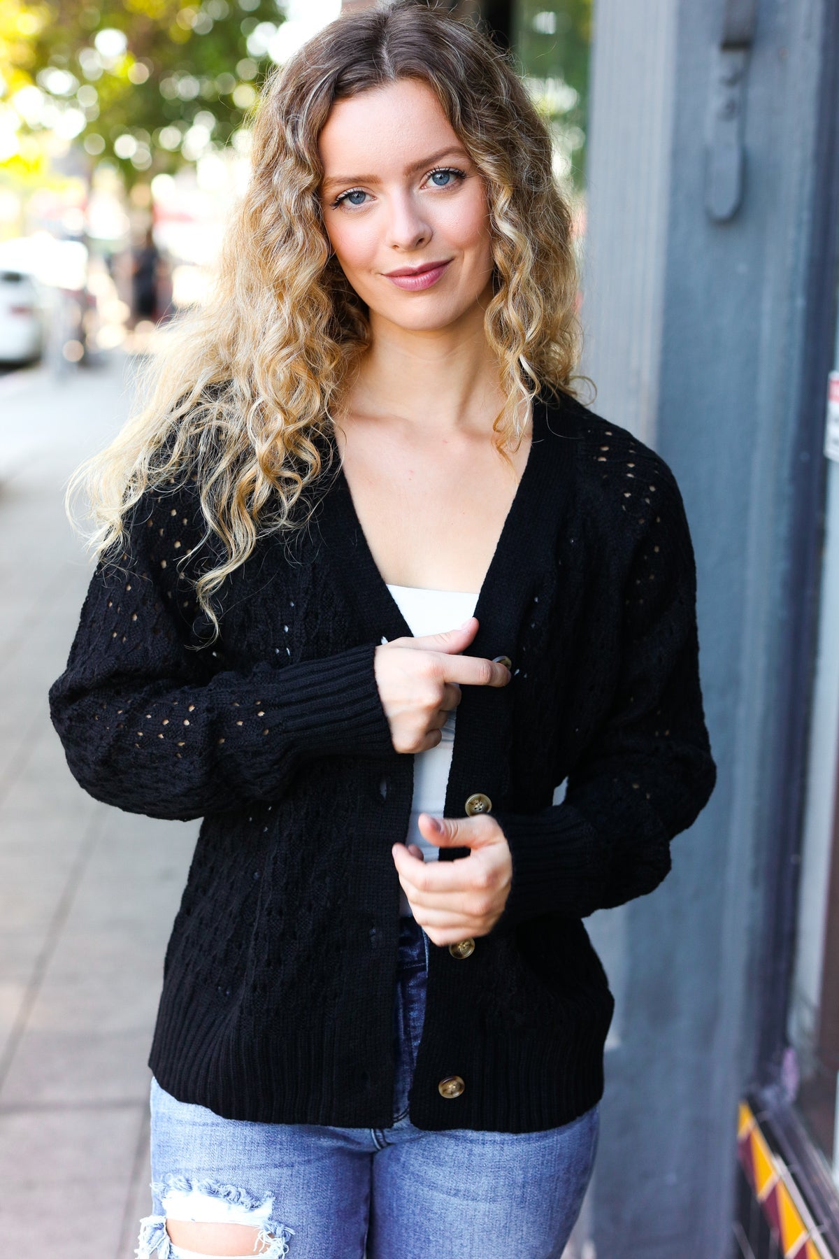 Haptics Black Pointelle Knit Button Down Cardigan 2024 Blow-Out Sale