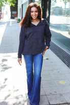 Haptics Charcoal Textured Knit Notch Neck Oversized Collar Sweater 2024 Blow-Out Sale