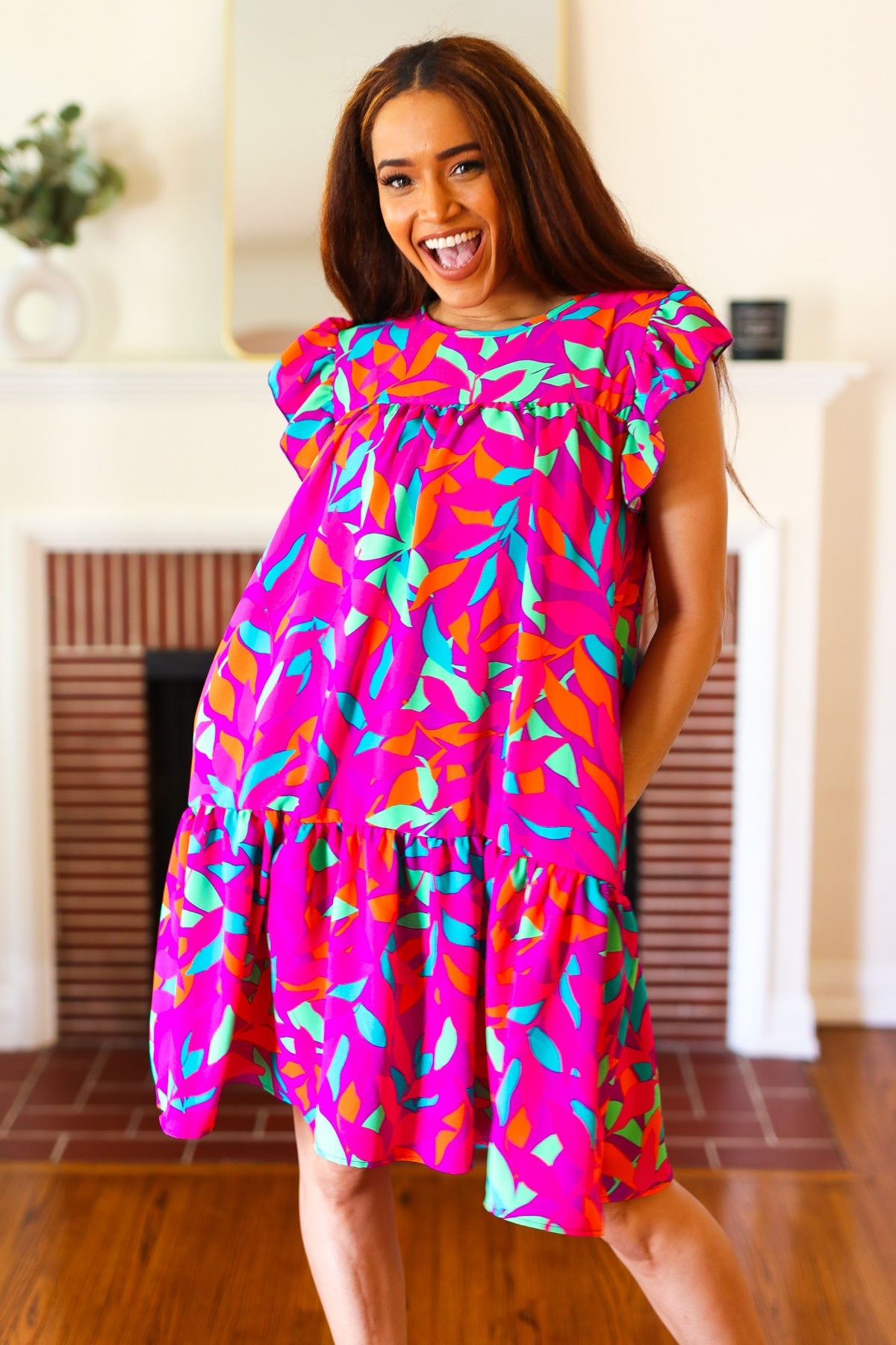 Large Haptics Purple Abstract Floral Print Tiered Ruffle Sleeve Dress 2024 Blow-Out Sale