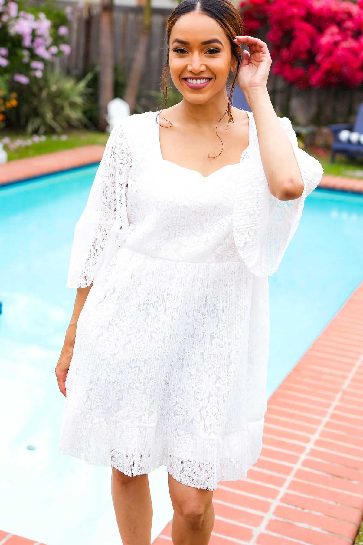 Sugarfox White Accordion Pleated Lace Square Neck Dress 2025 Summer-Blow Out Sale