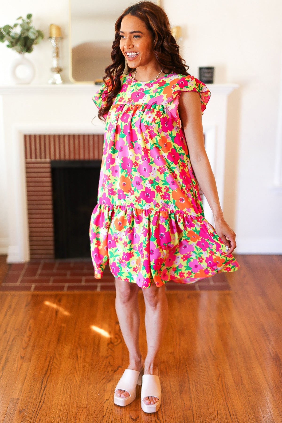 Haptics Be Charming Lime & Pink Floral Print Tiered Ruffle Sleeve Dress Dresses