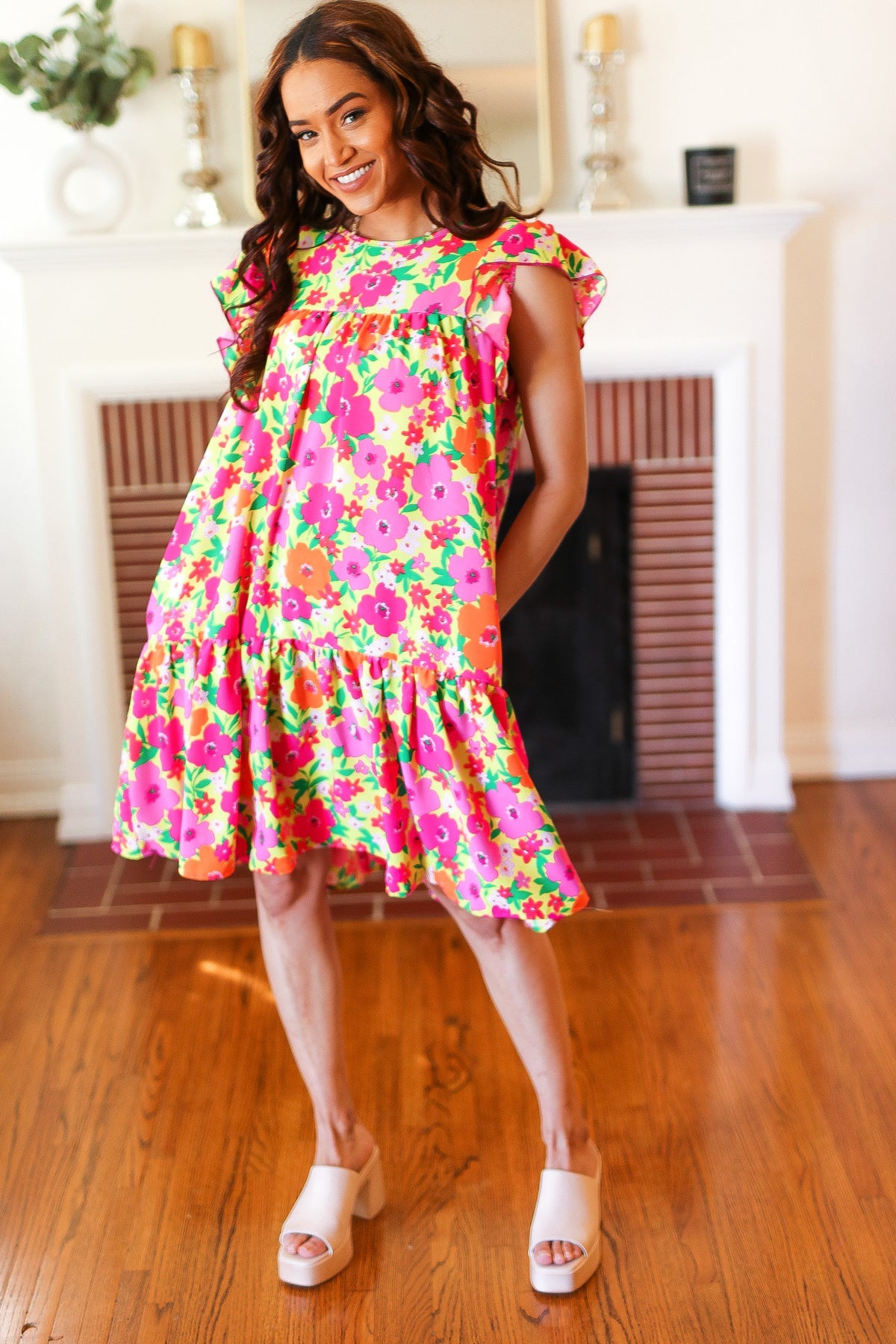 Haptics Be Charming Lime & Pink Floral Print Tiered Ruffle Sleeve Dress Dresses
