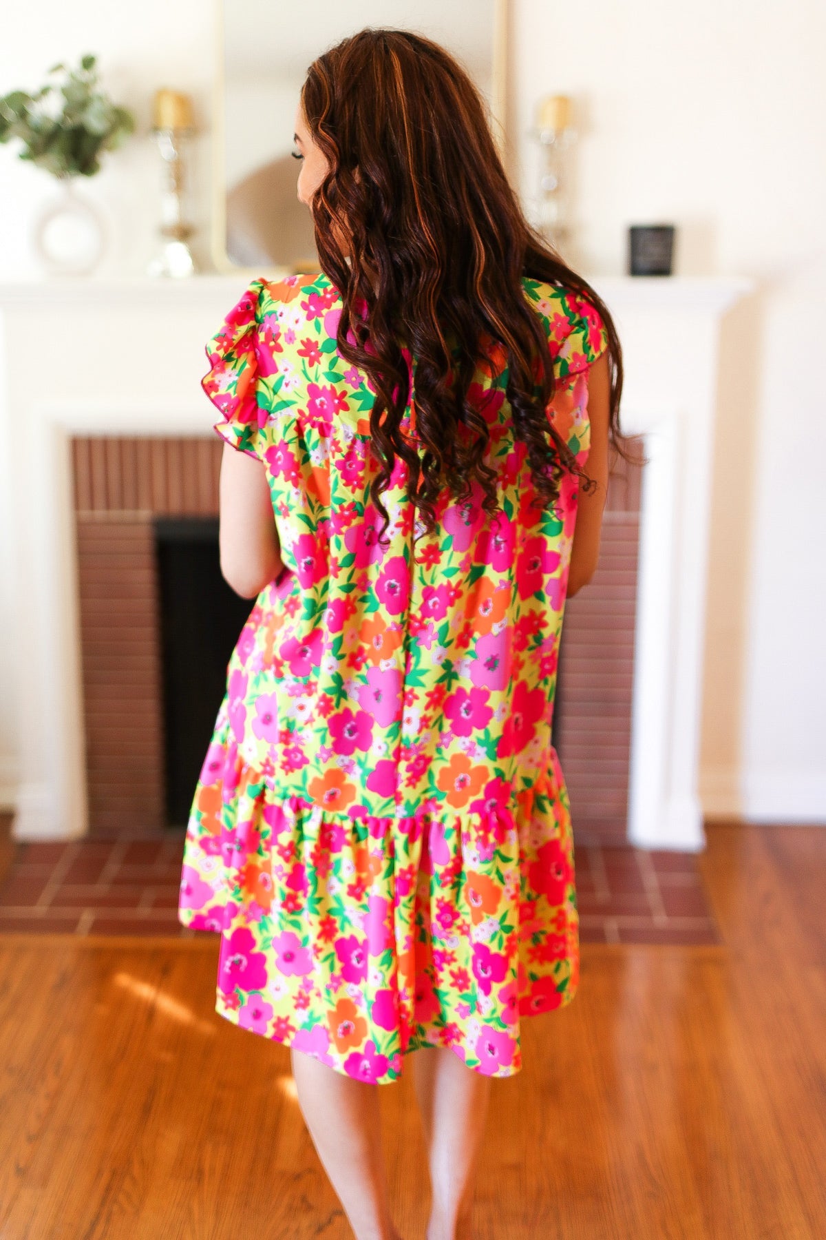 Haptics Be Charming Lime & Pink Floral Print Tiered Ruffle Sleeve Dress Dresses