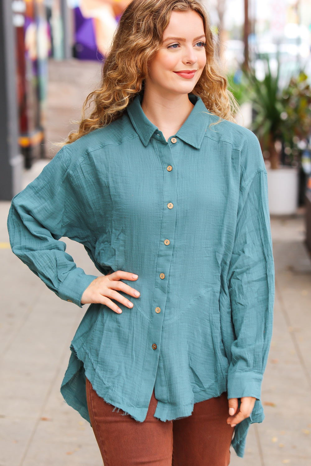 Haptics Beautiful You Teal Button Down Sharkbite Cotton Tunic Top 2024 Blow-Out Sale