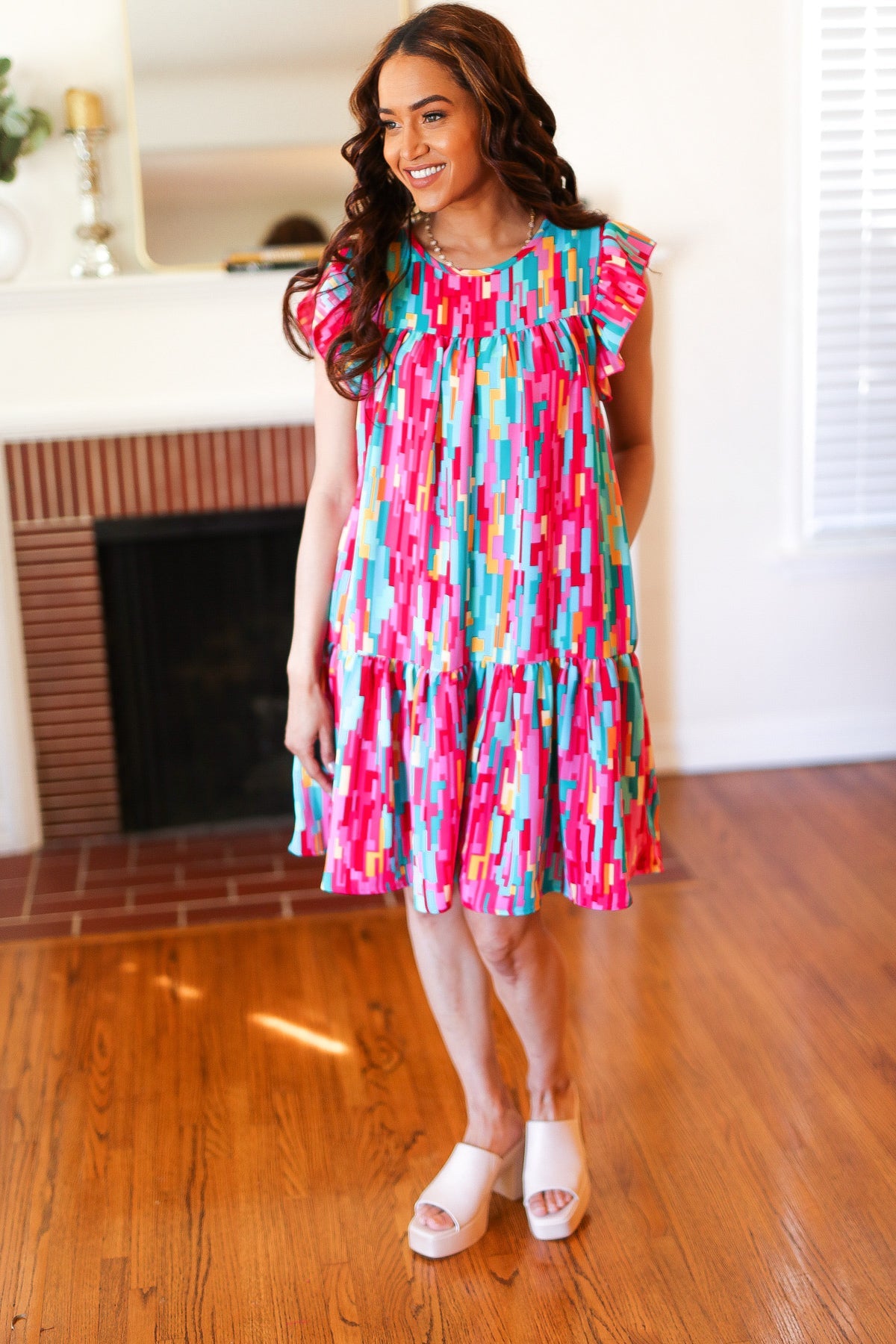 Haptics Feeling Bold Multicolor Abstract Print Tiered Ruffle Sleeve Dress 2024 Summer Blow Out Sale