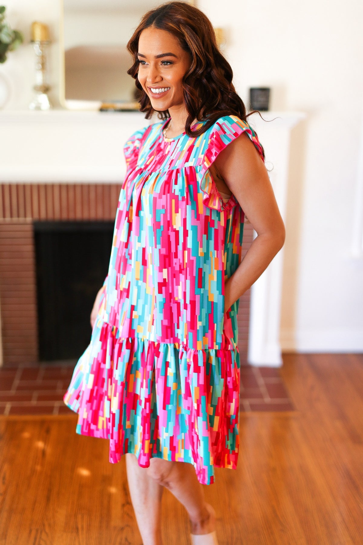 Haptics Feeling Bold Multicolor Abstract Print Tiered Ruffle Sleeve Dress 2024 Summer Blow Out Sale