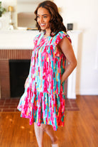 Haptics Feeling Bold Multicolor Abstract Print Tiered Ruffle Sleeve Dress 2024 Summer Blow Out Sale