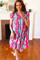 Haptics Feeling Bold Multicolor Abstract Print Tiered Ruffle Sleeve Dress 2024 Summer Blow Out Sale