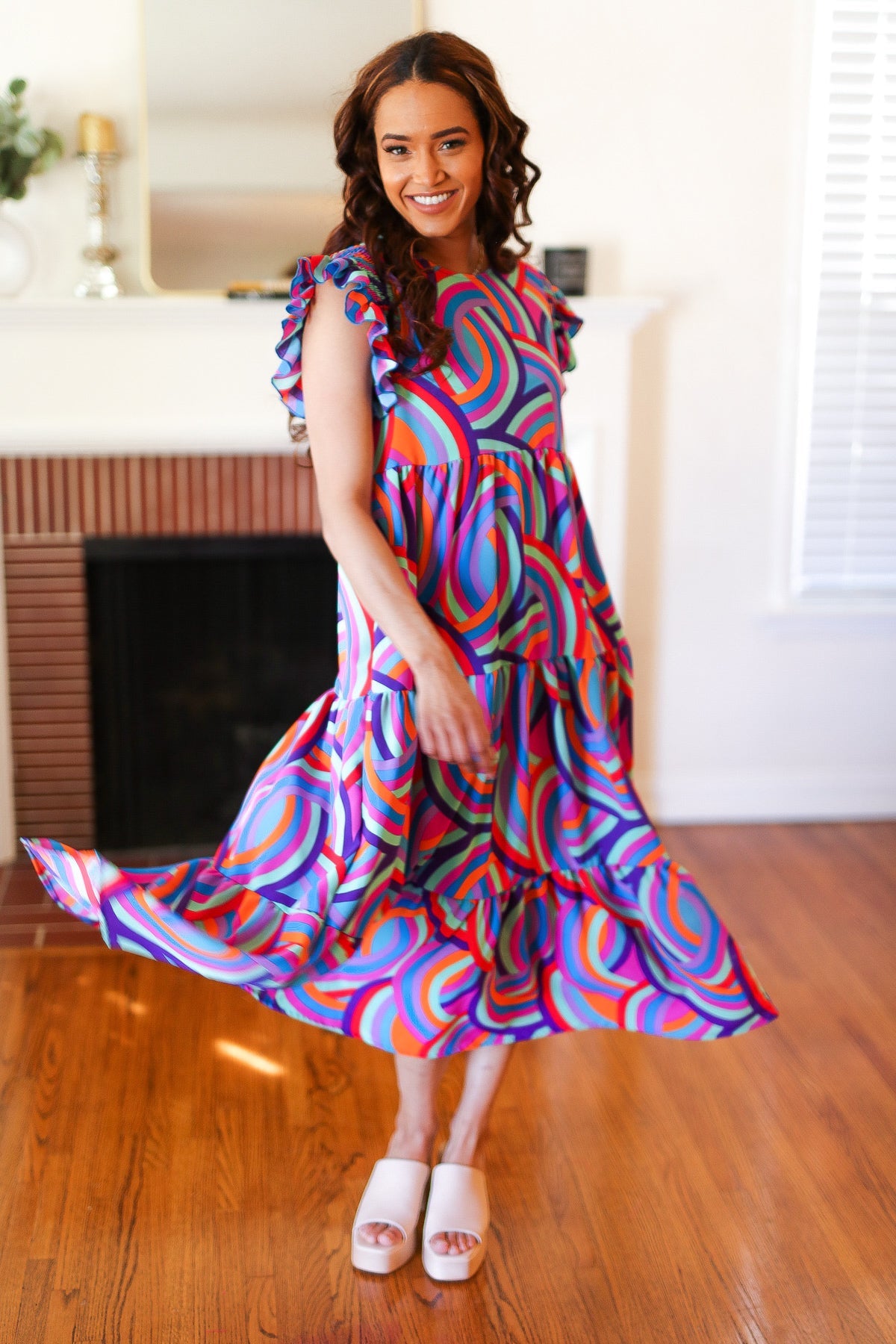 Haptics Feel Your Best Purple Abstract Print Smocked Ruffle Sleeve Maxi Dress Dresses
