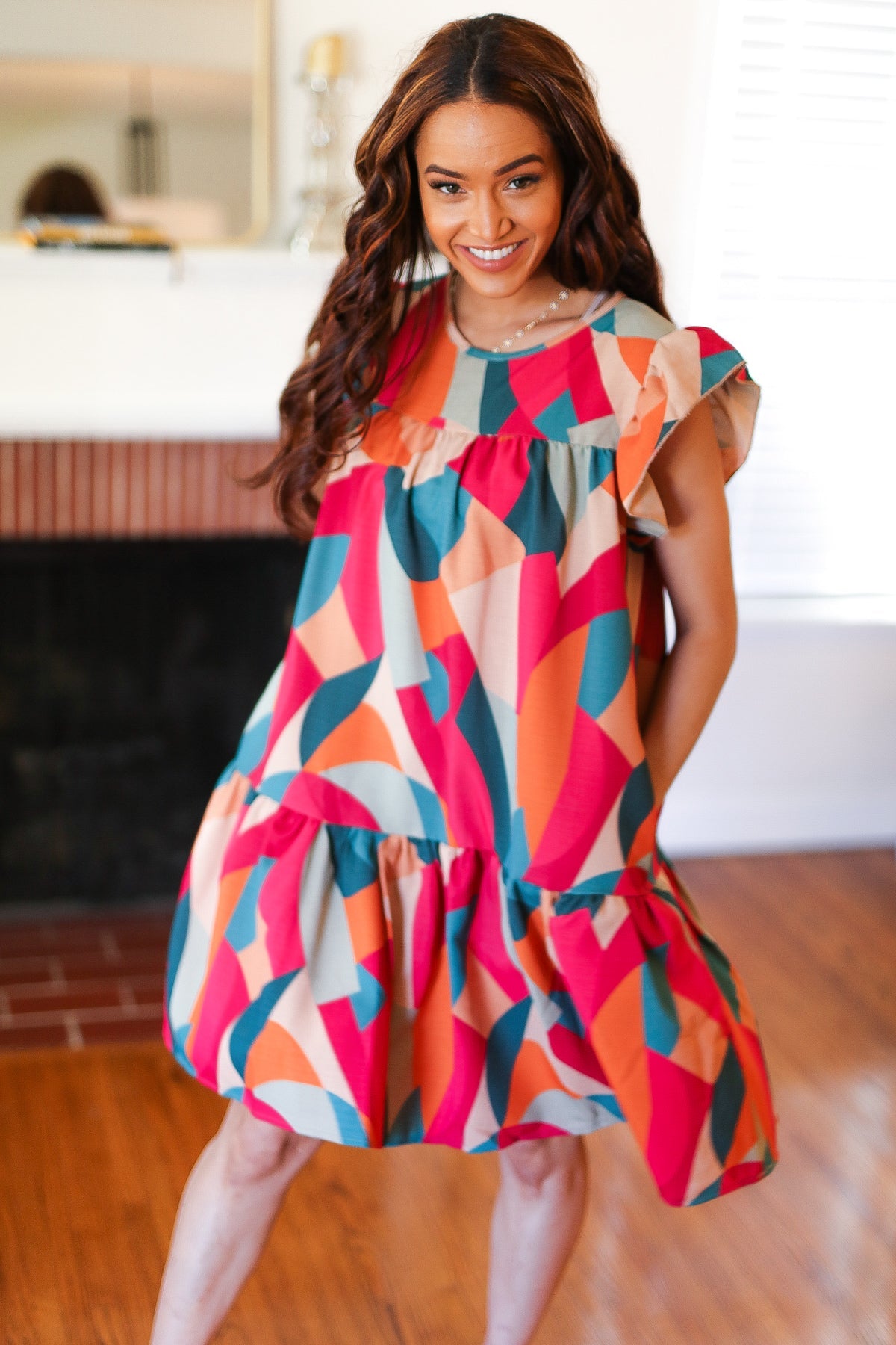 Haptics Stand Out Magenta & Teal Geometric Yoke Woven Dress final sale