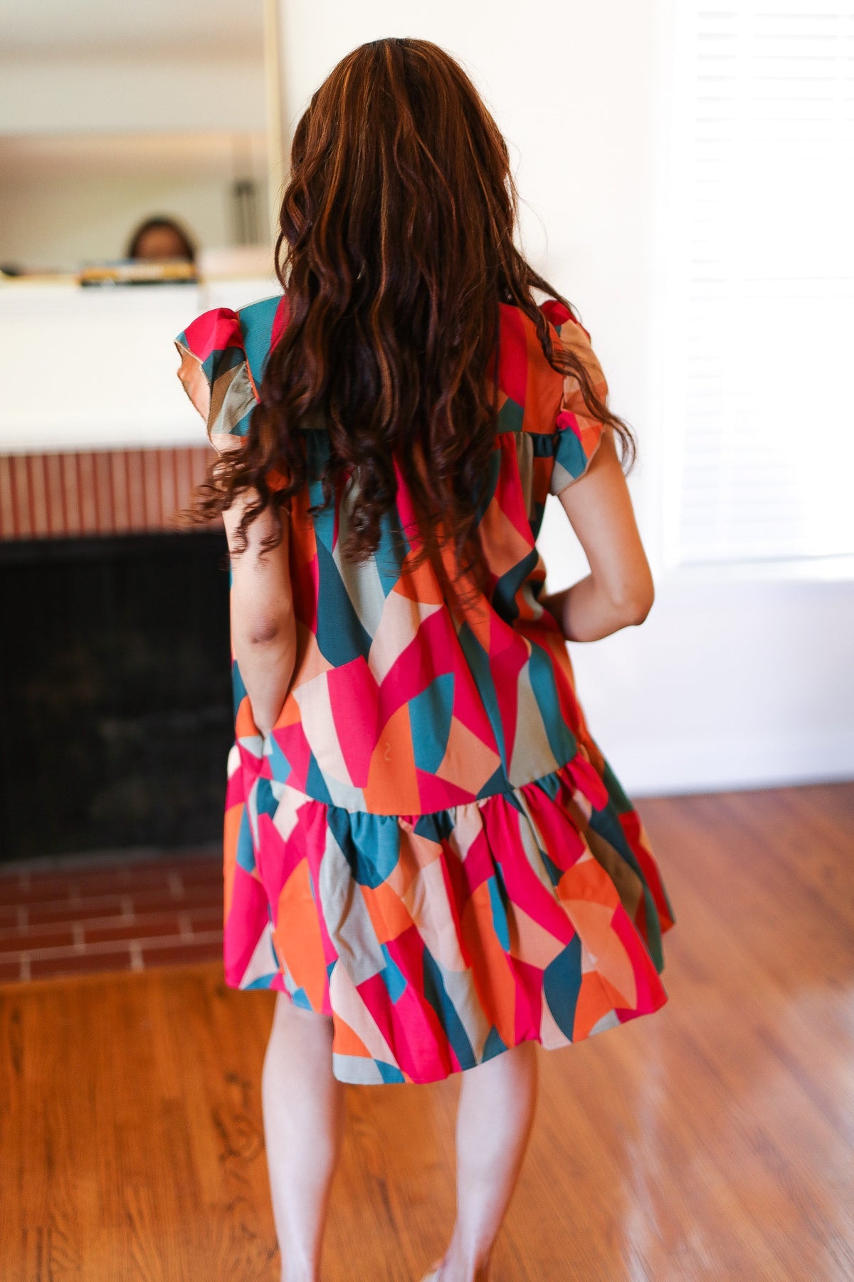 Haptics Stand Out Magenta & Teal Geometric Yoke Woven Dress final sale