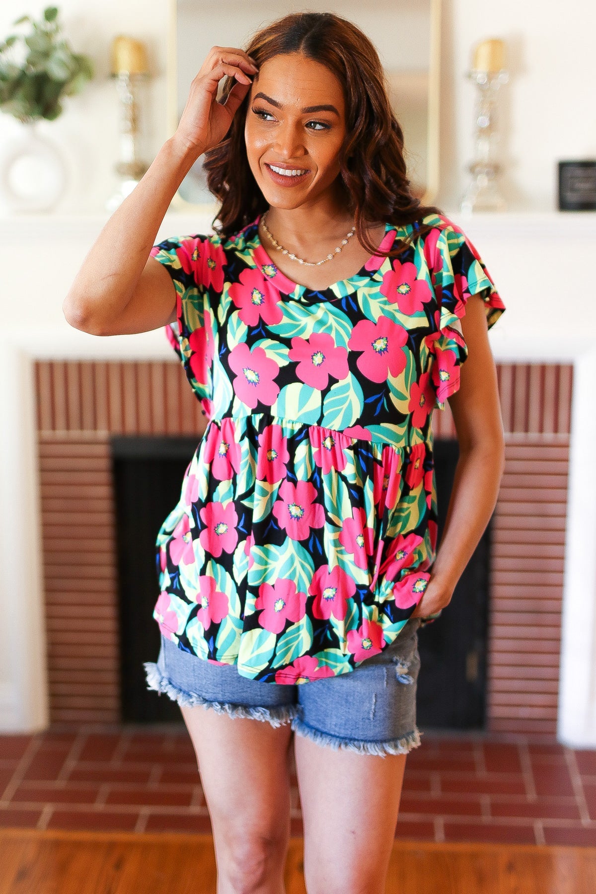Haptics Black & Pink Floral Ruffle Short Sleeve Babydoll Top
