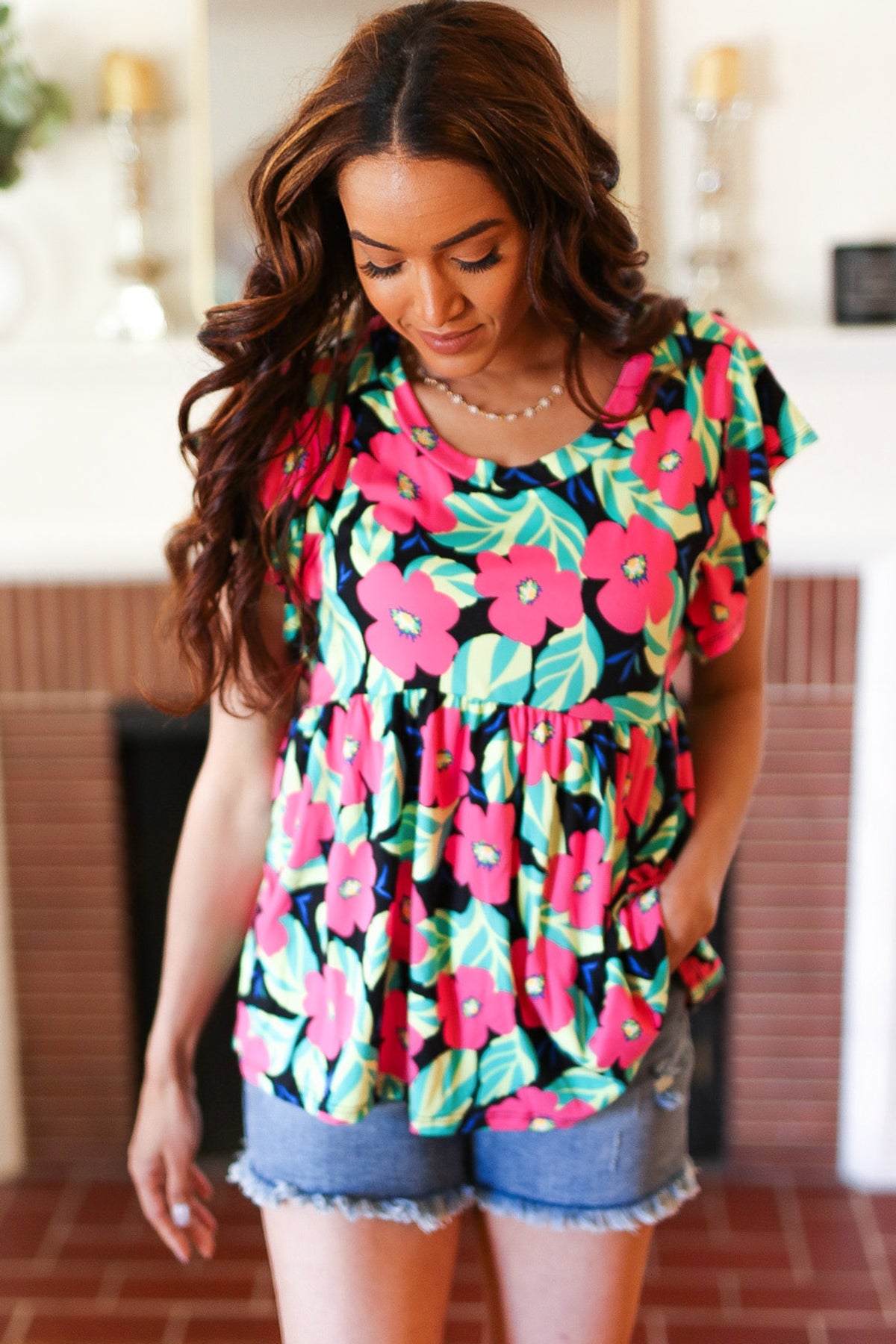 Haptics Black & Pink Floral Ruffle Short Sleeve Babydoll Top