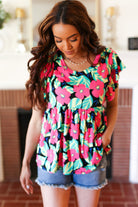 Haptics Black & Pink Floral Ruffle Short Sleeve Babydoll Top
