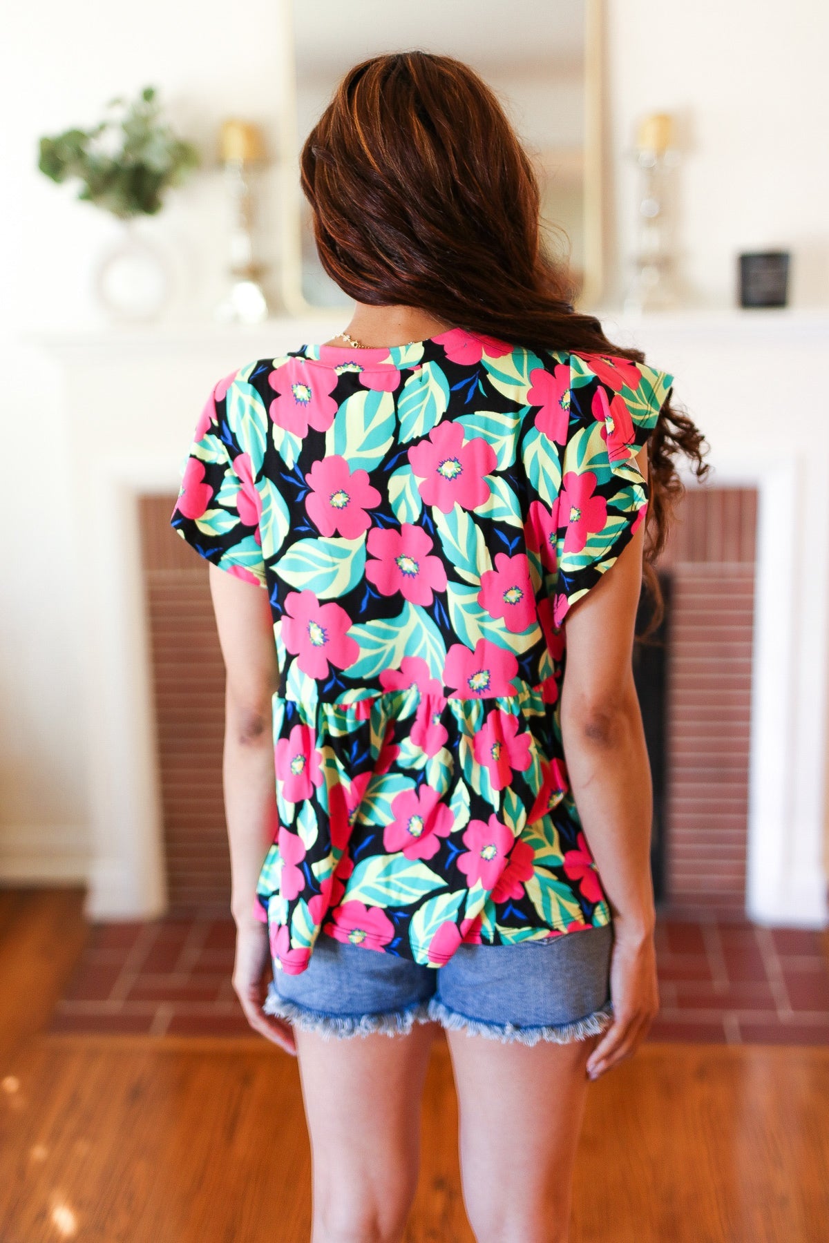 Haptics Black & Pink Floral Ruffle Short Sleeve Babydoll Top
