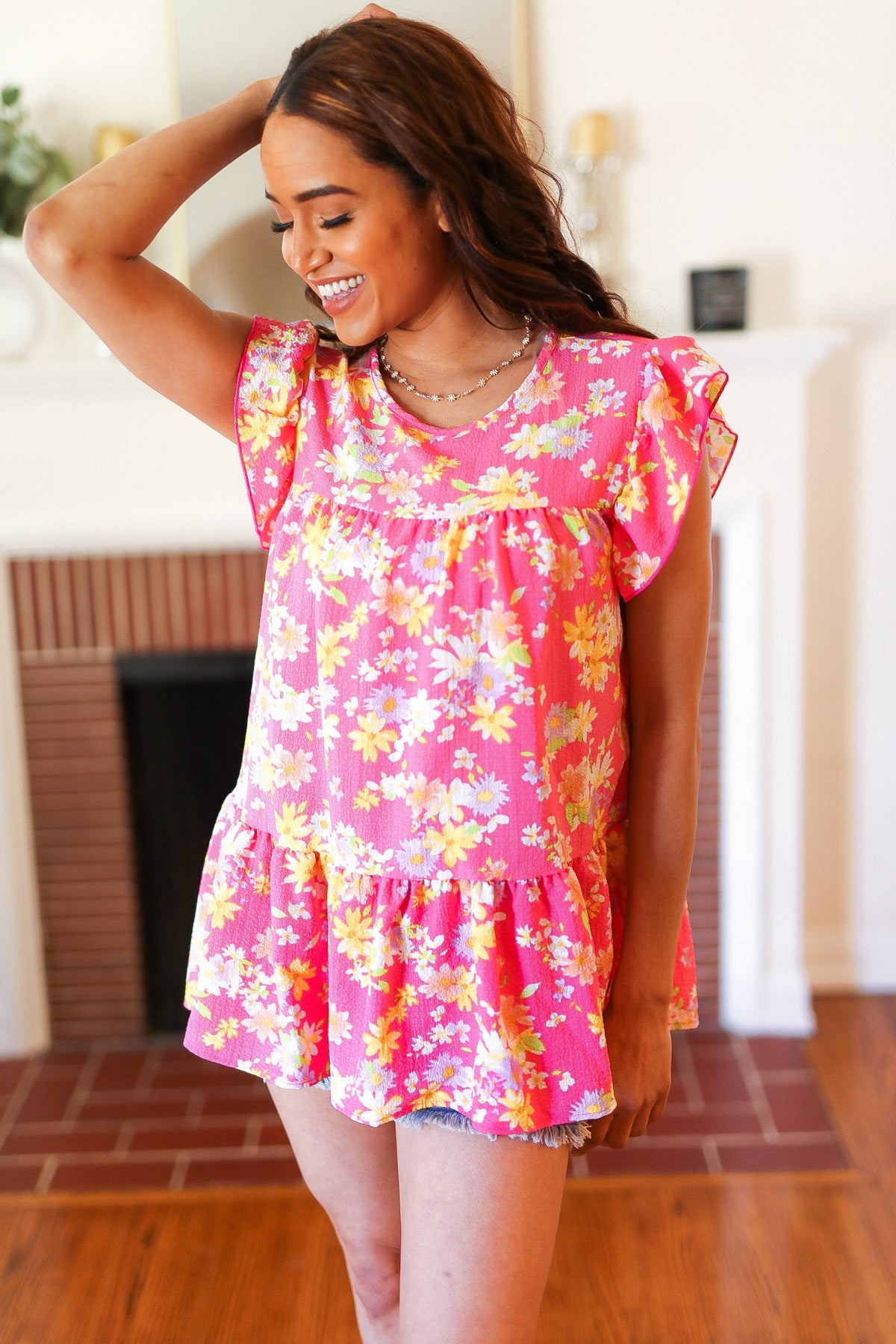 Haptics Pink Floral Yoke Flutter Sleeve Keyhole Back Top 2024 Blow-Out Sale