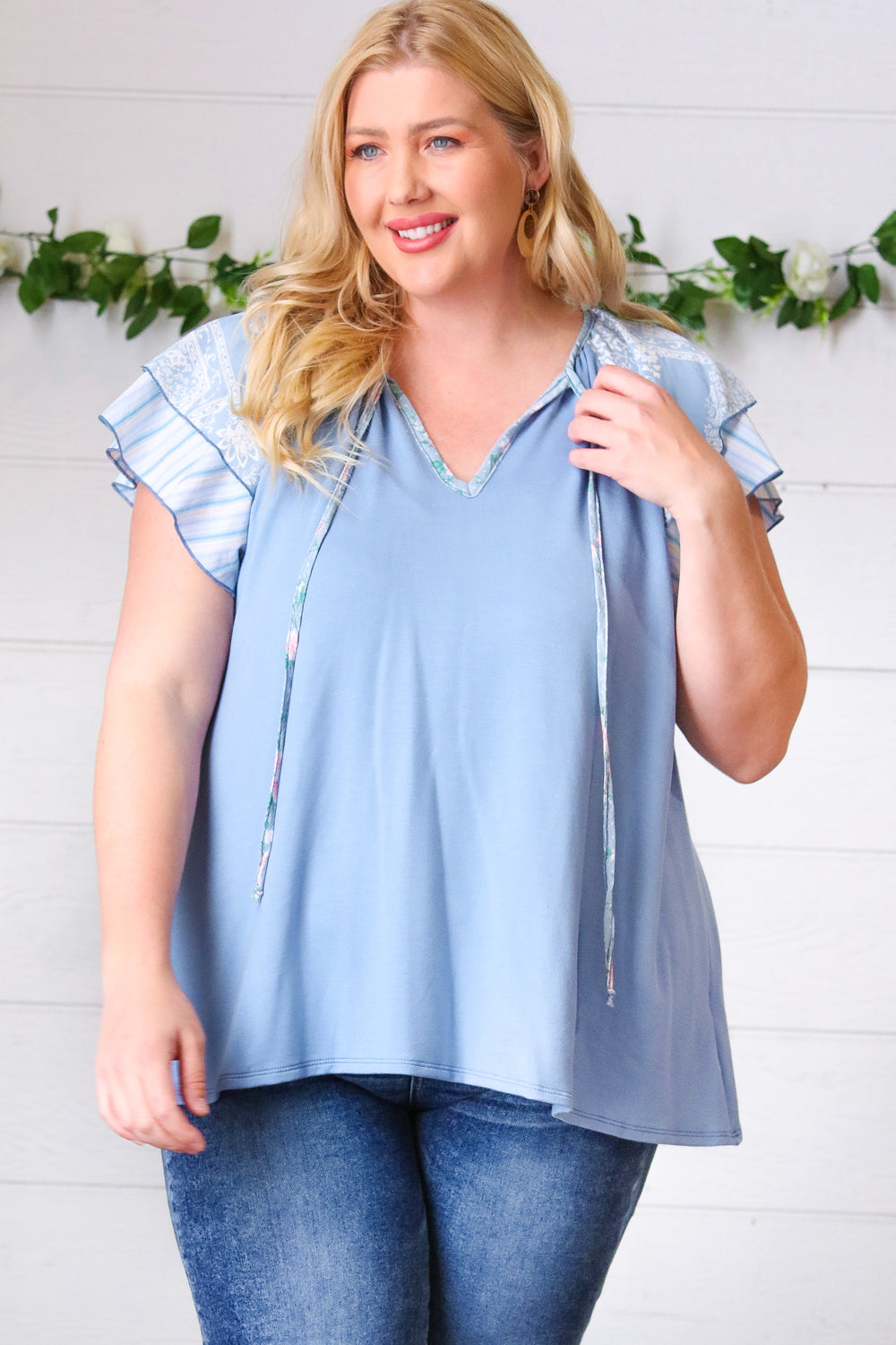 Sugarfox Blue Floral & Stripe V Neck Tie Double Flutter Sleeve Top