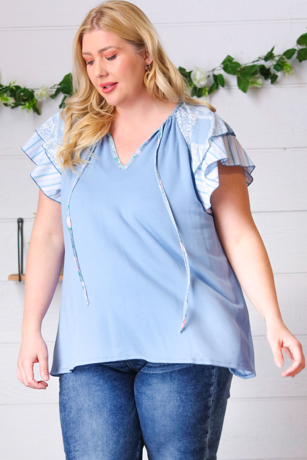 Sugarfox Blue Floral & Stripe V Neck Tie Double Flutter Sleeve Top