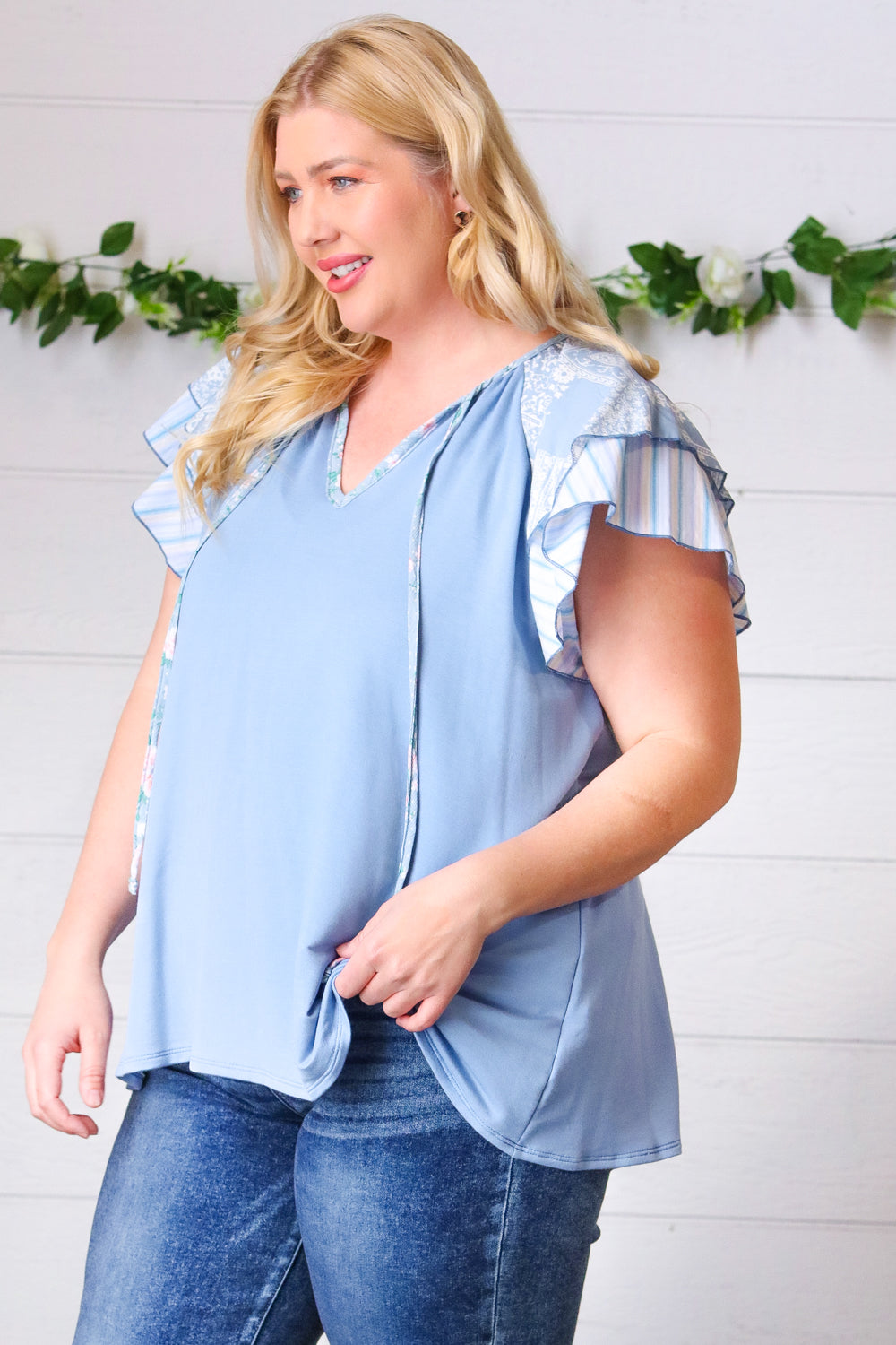 Sugarfox Blue Floral & Stripe V Neck Tie Double Flutter Sleeve Top