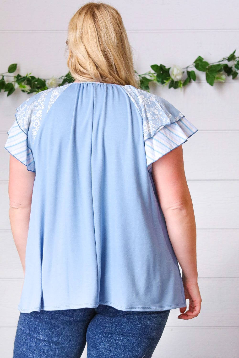 Sugarfox Blue Floral & Stripe V Neck Tie Double Flutter Sleeve Top