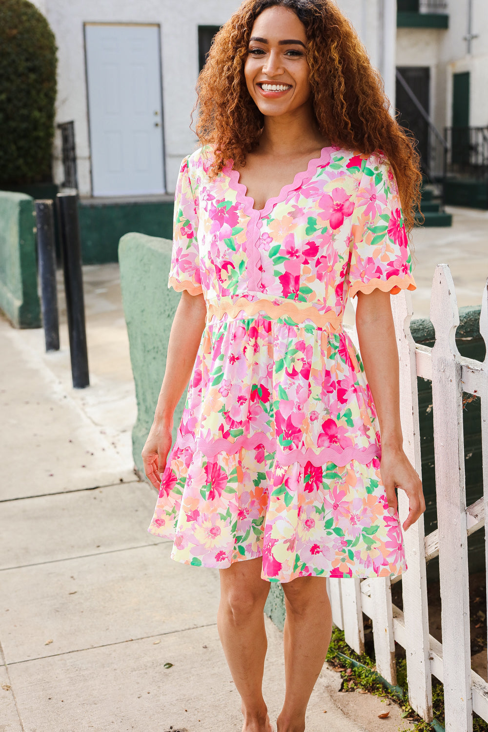 Large Haptics Rose Floral Print Ric Rack Trim Babydoll Dress