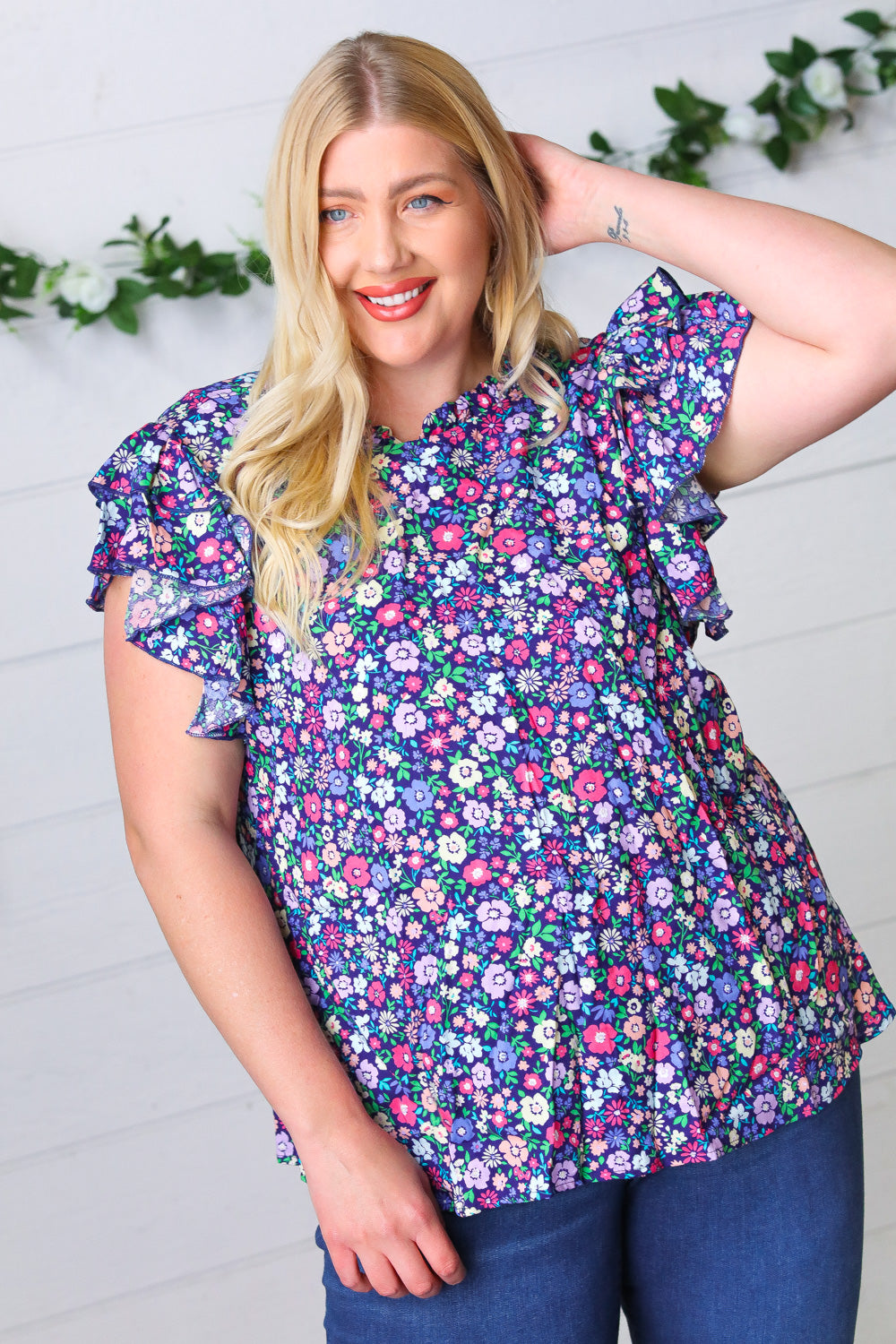 Haptics Navy Floral Mock Neck Flutter Sleeve Top Final Sale