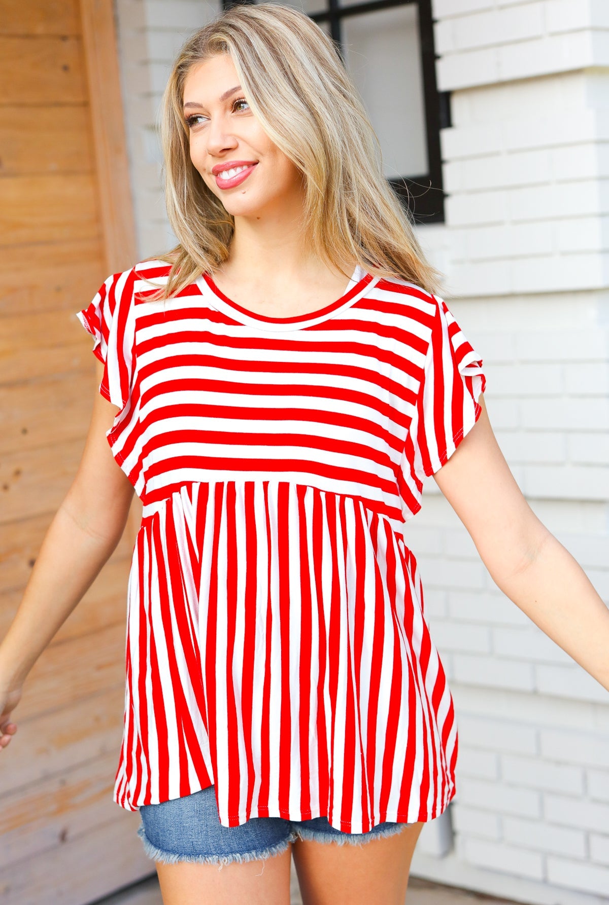 Haptics Red Stripe Babydoll Flutter Sleeve Top