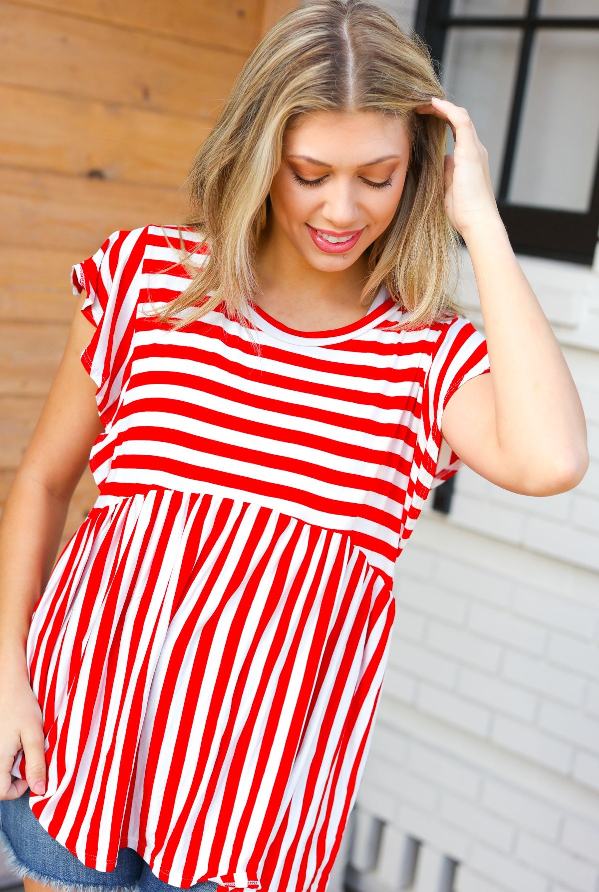 Haptics Red Stripe Babydoll Flutter Sleeve Top