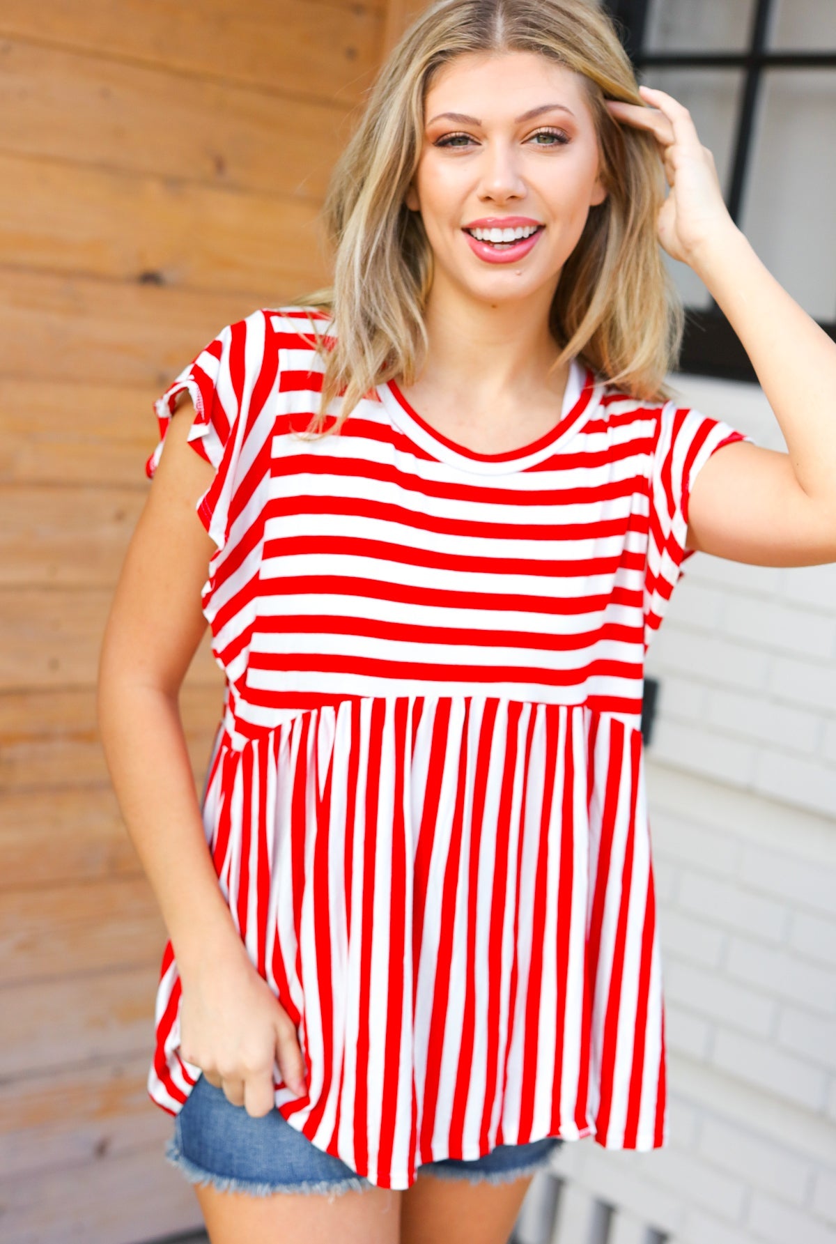 Haptics Red Stripe Babydoll Flutter Sleeve Top