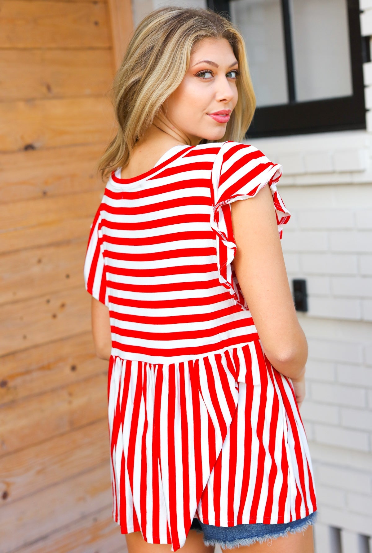 Haptics Red Stripe Babydoll Flutter Sleeve Top