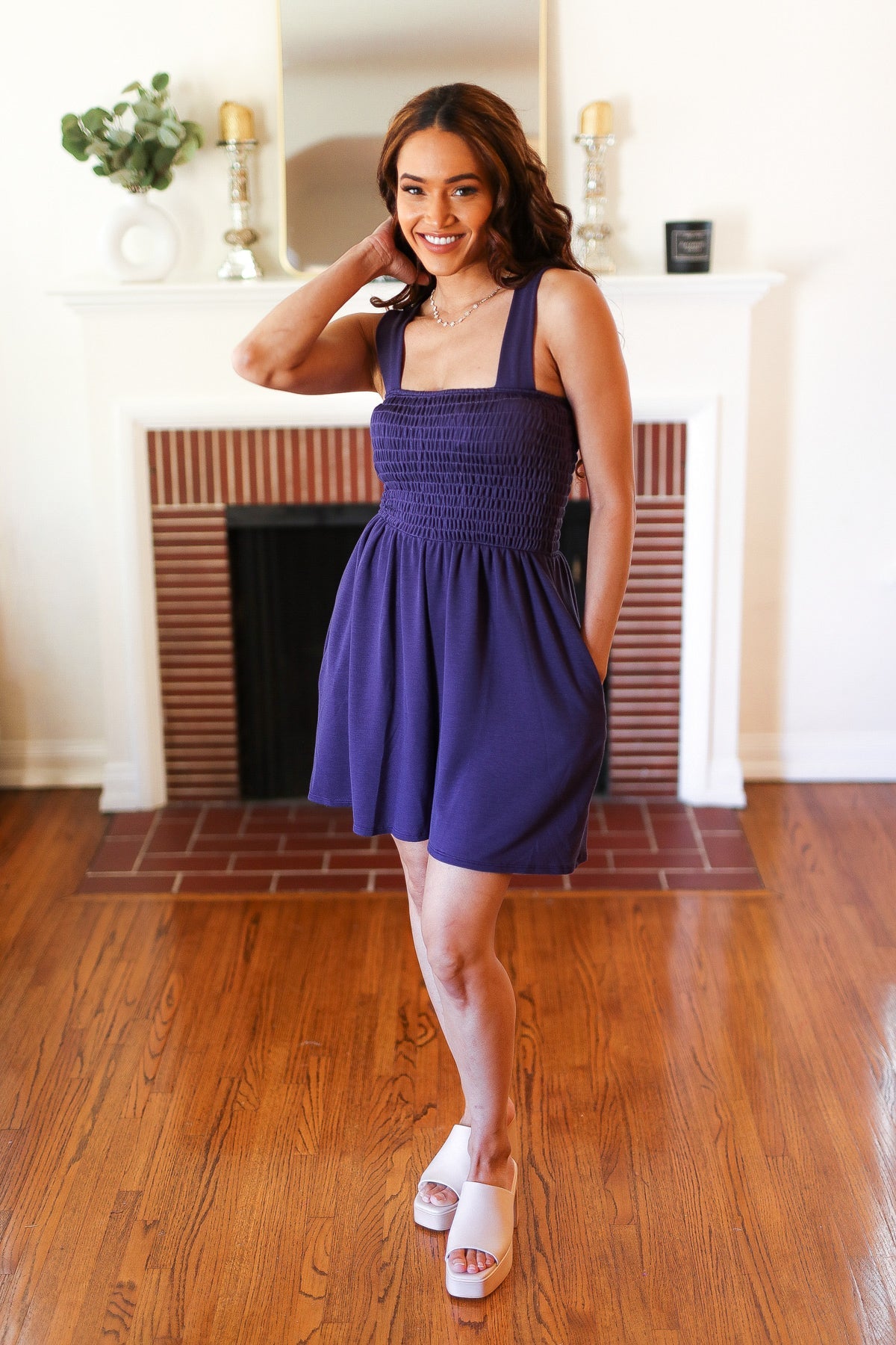 Haptics Indigo Terry Smocked Tank Top Baggy Shorts Romper Final Sale