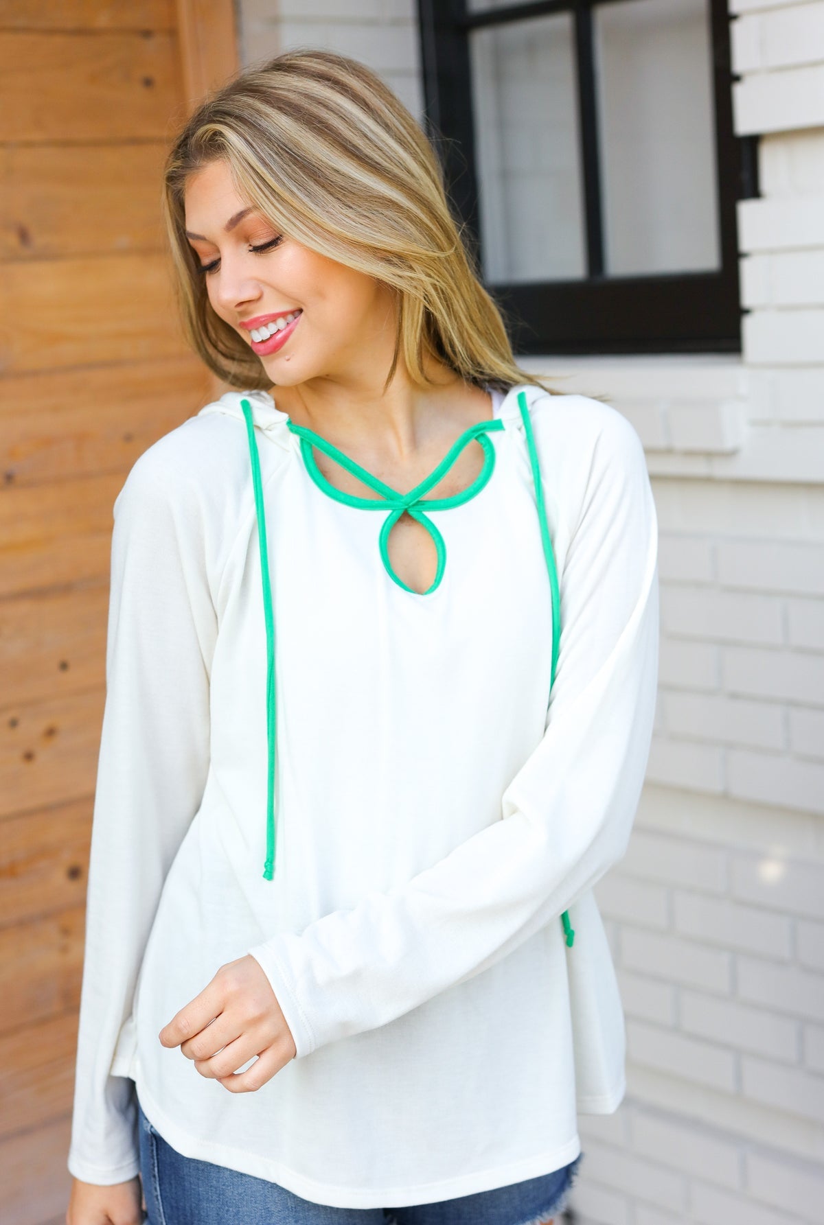 Haptics Feeling It Kelly Green Clover Cut Out Terry Hoodie Final Sale 2024 Blow-Out Sale