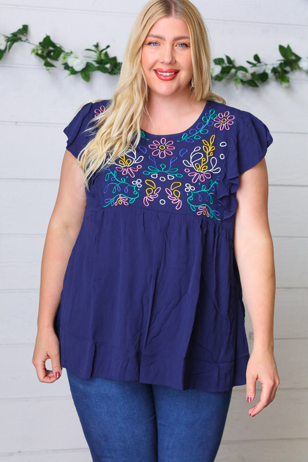 Haptics Navy Floral Embroidered Flutter Sleeve Top