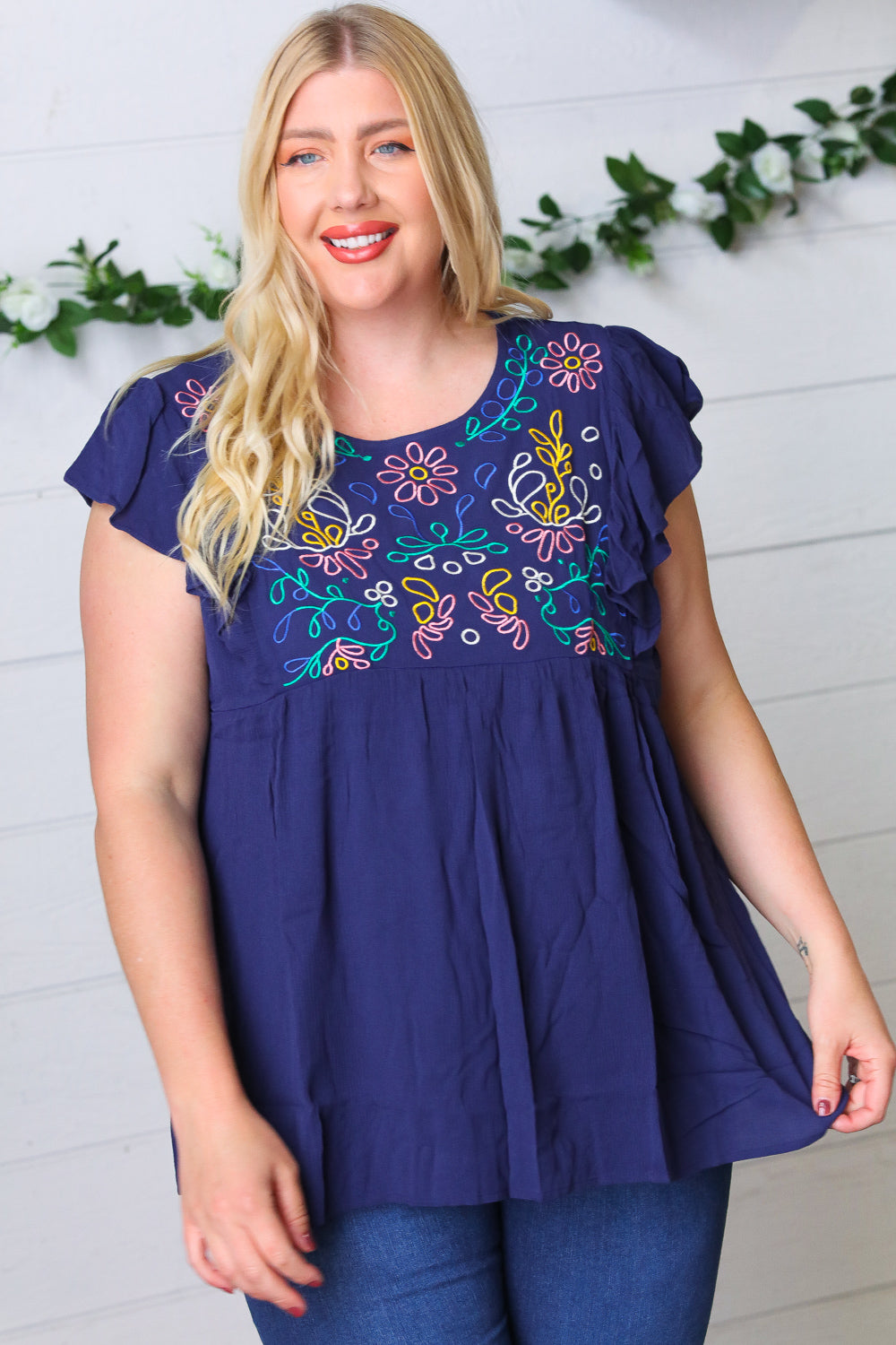 Haptics Navy Floral Embroidered Flutter Sleeve Top