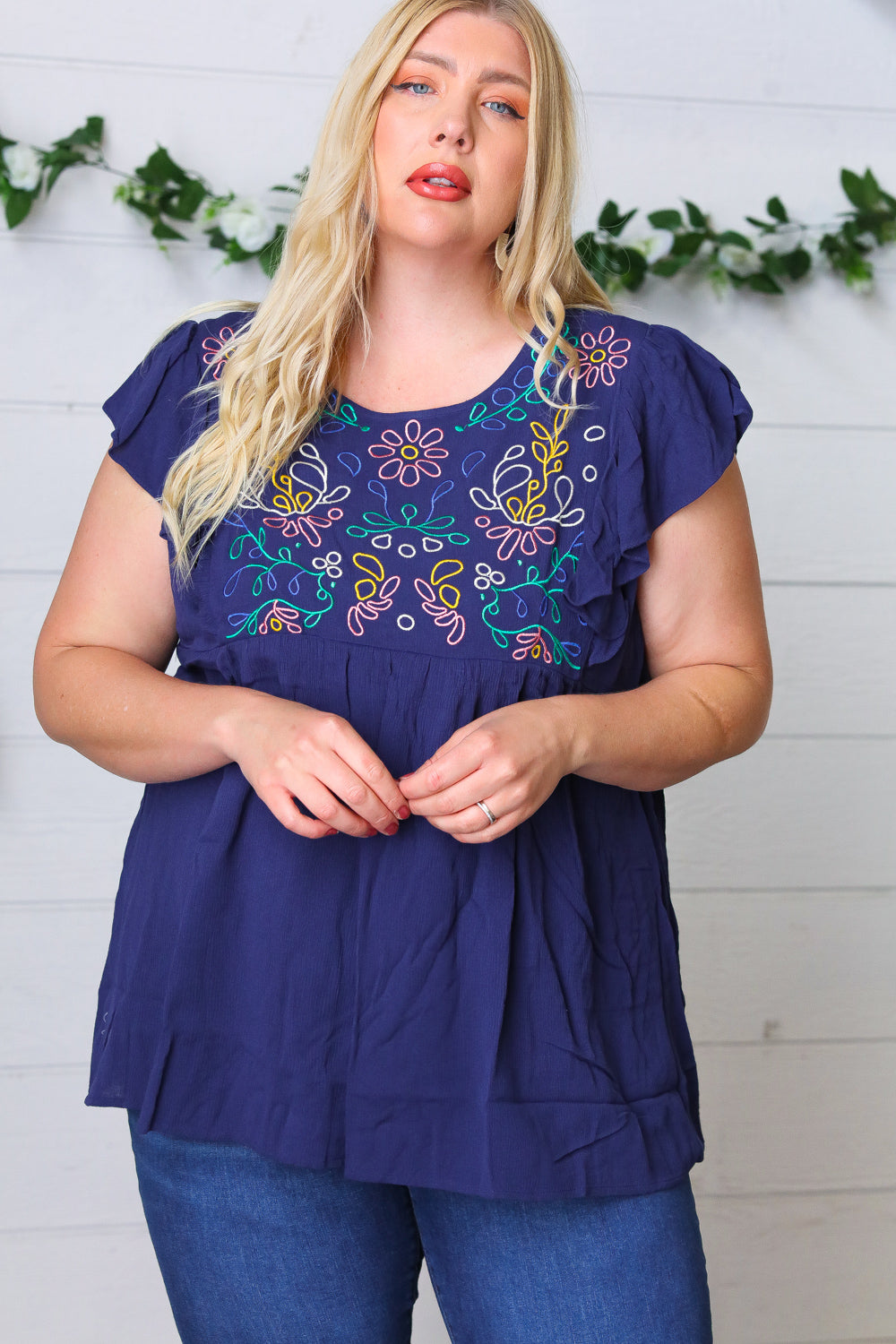 Haptics Navy Floral Embroidered Flutter Sleeve Top