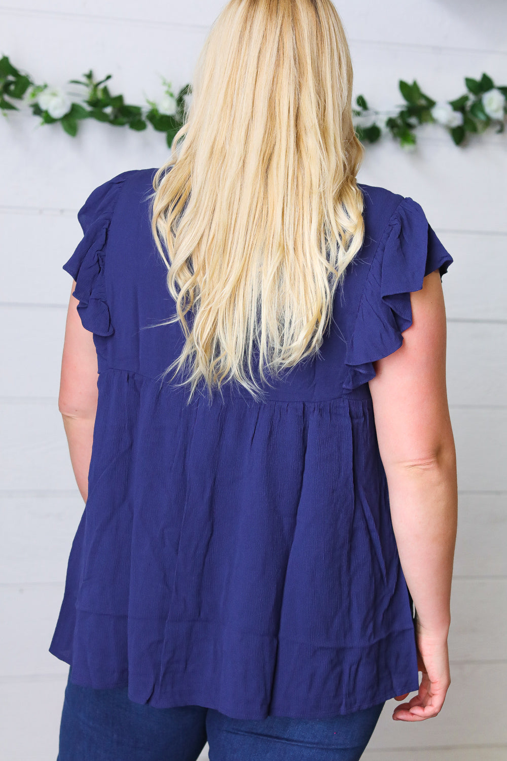 Haptics Navy Floral Embroidered Flutter Sleeve Top