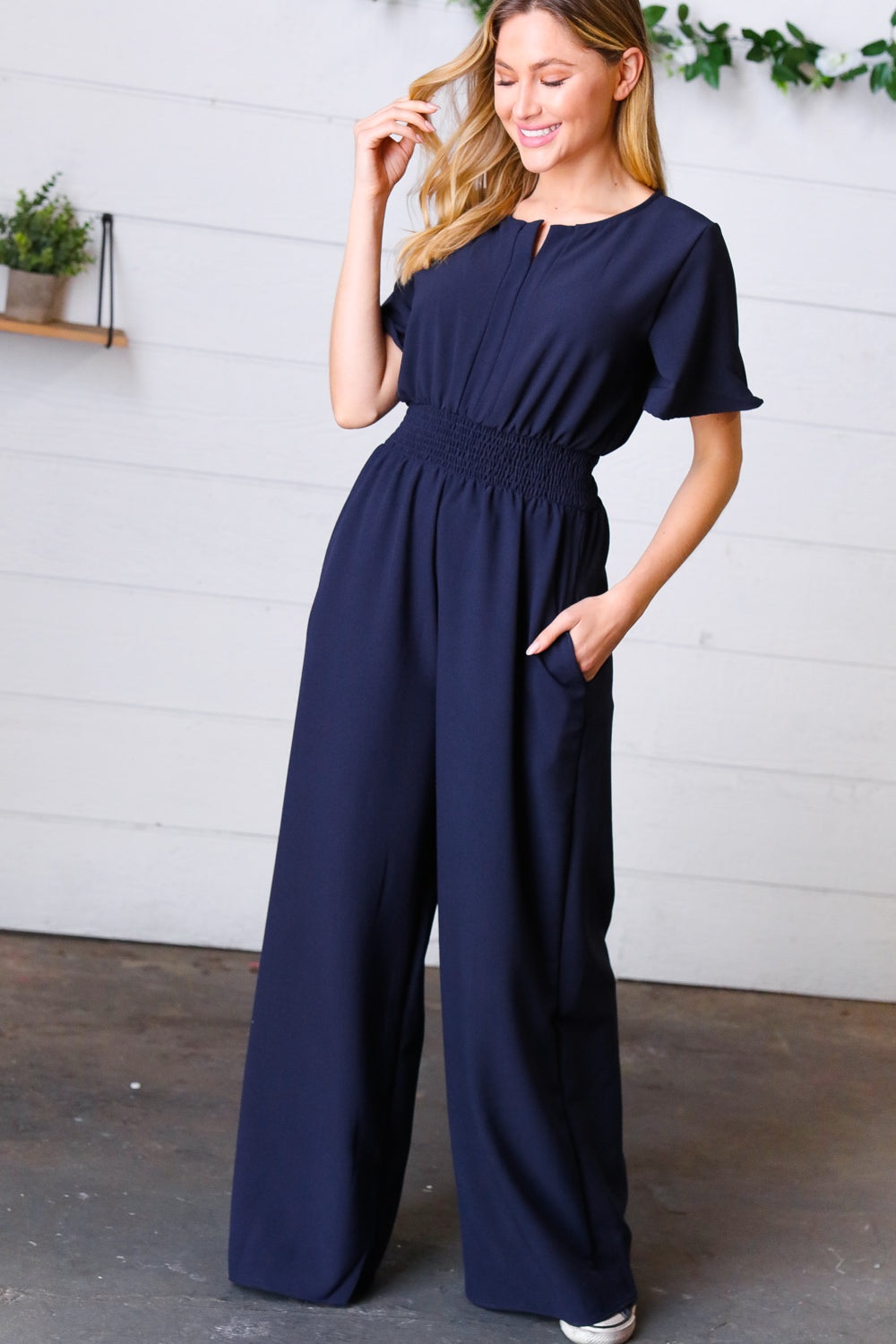 Haptics Dark Blue Smocked Waist Notch Neck Crepe Jumpsuit Final Sale