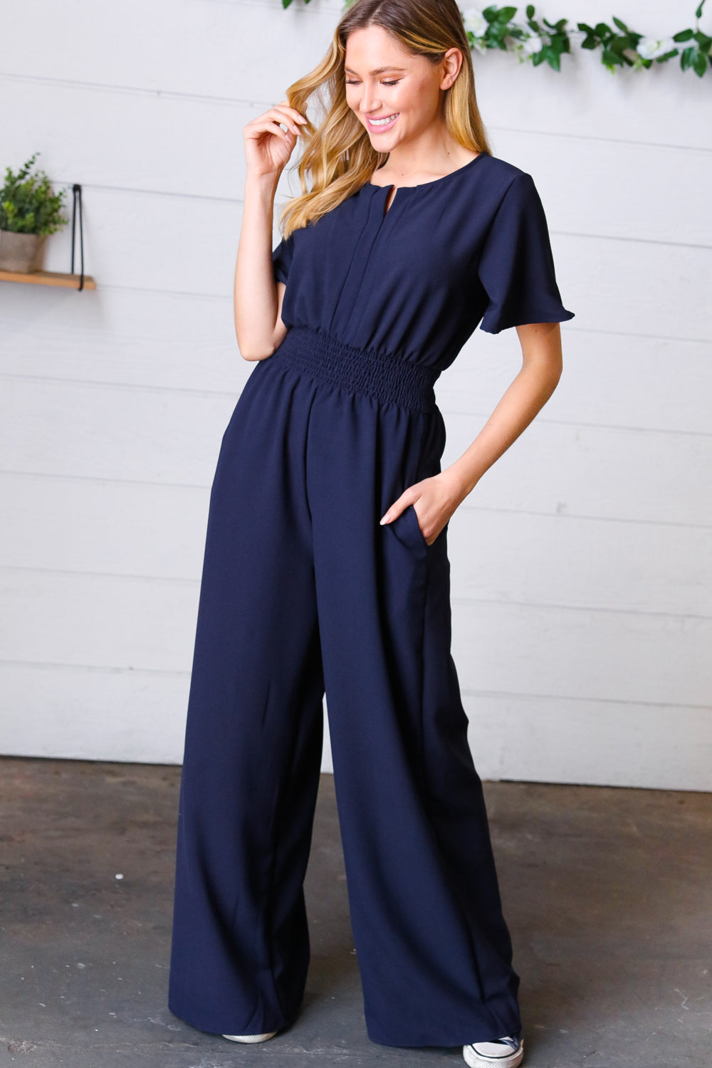 Haptics Dark Blue Smocked Waist Notch Neck Crepe Jumpsuit Final Sale