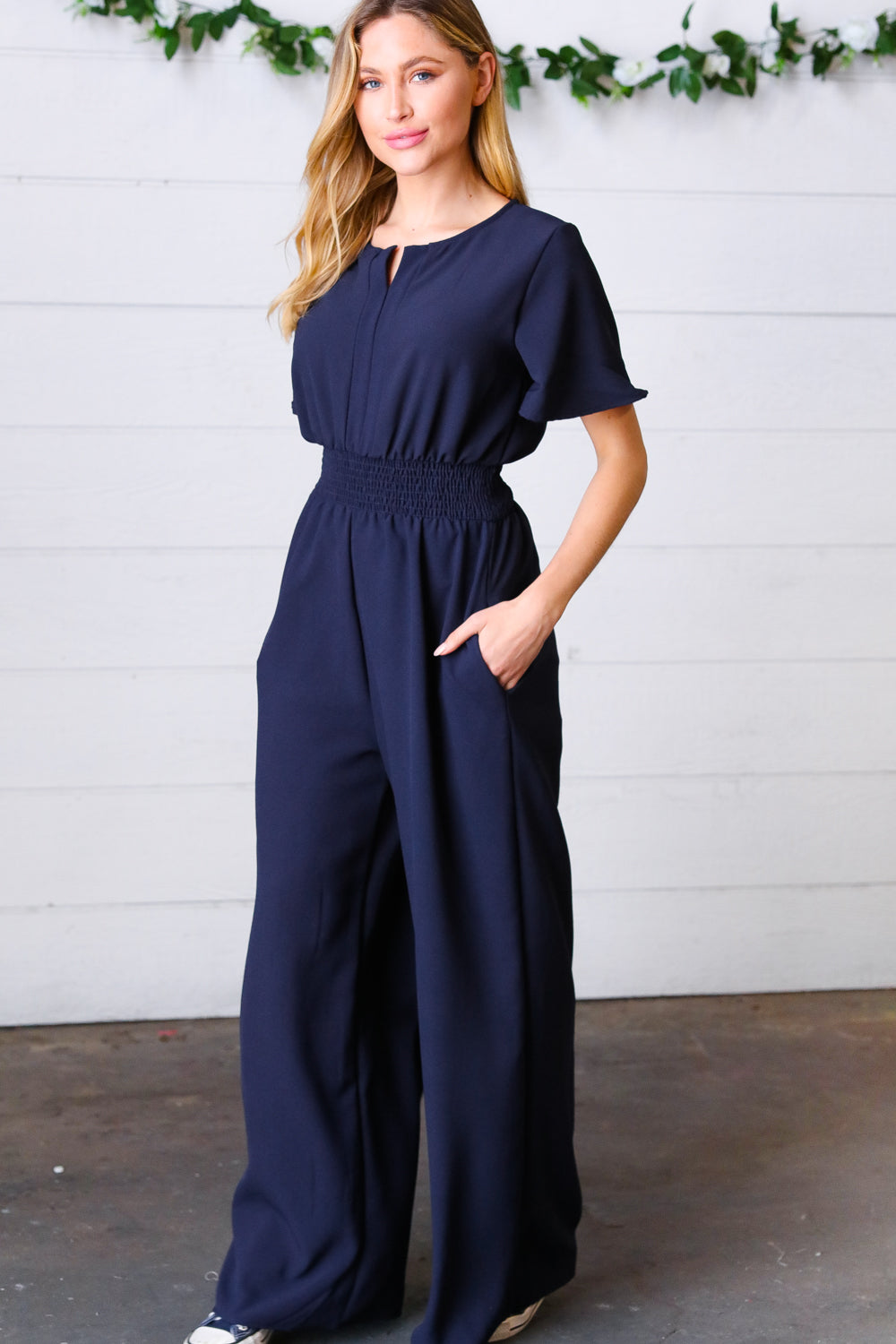 Haptics Dark Blue Smocked Waist Notch Neck Crepe Jumpsuit Final Sale