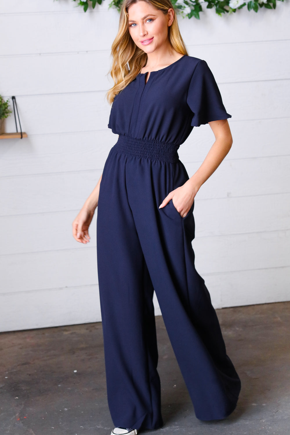 Haptics Dark Blue Smocked Waist Notch Neck Crepe Jumpsuit Final Sale