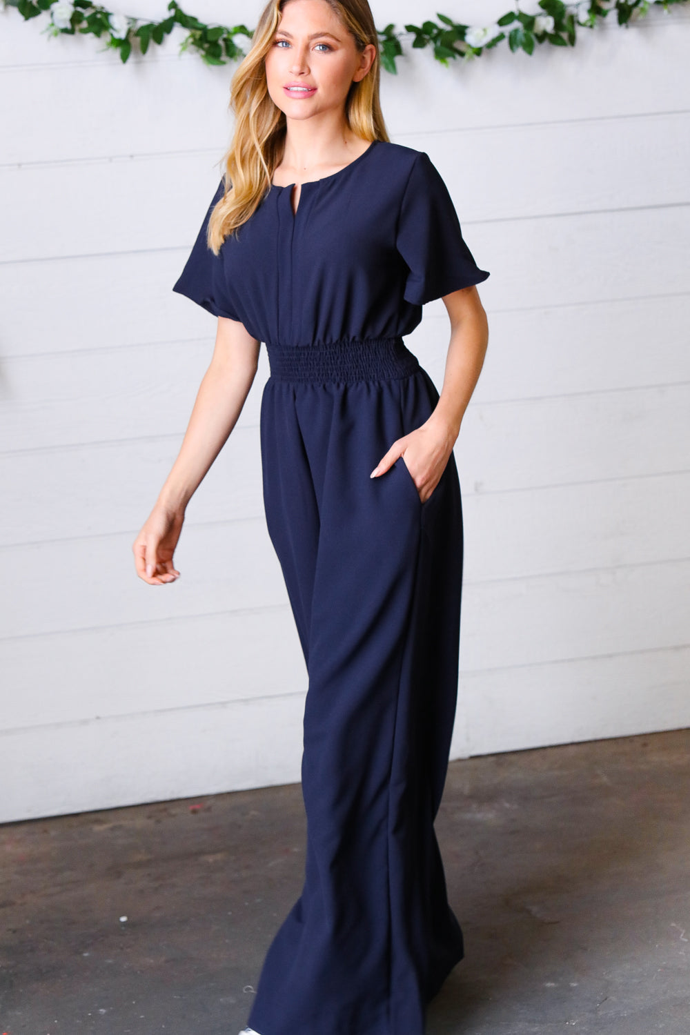 Haptics Dark Blue Smocked Waist Notch Neck Crepe Jumpsuit Final Sale