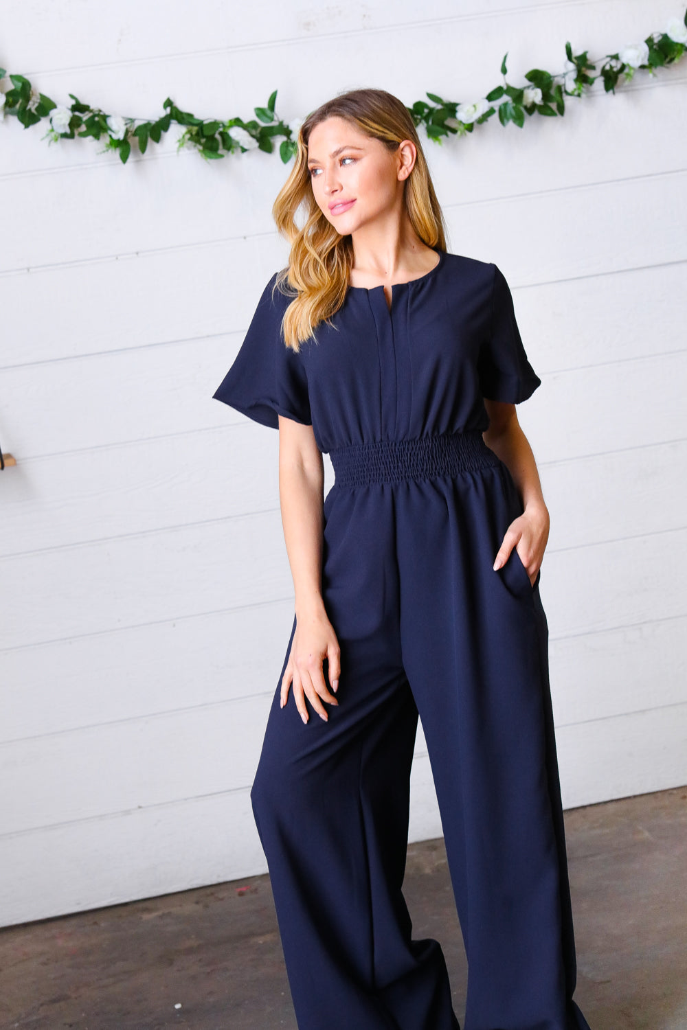 Haptics Dark Blue Smocked Waist Notch Neck Crepe Jumpsuit Final Sale