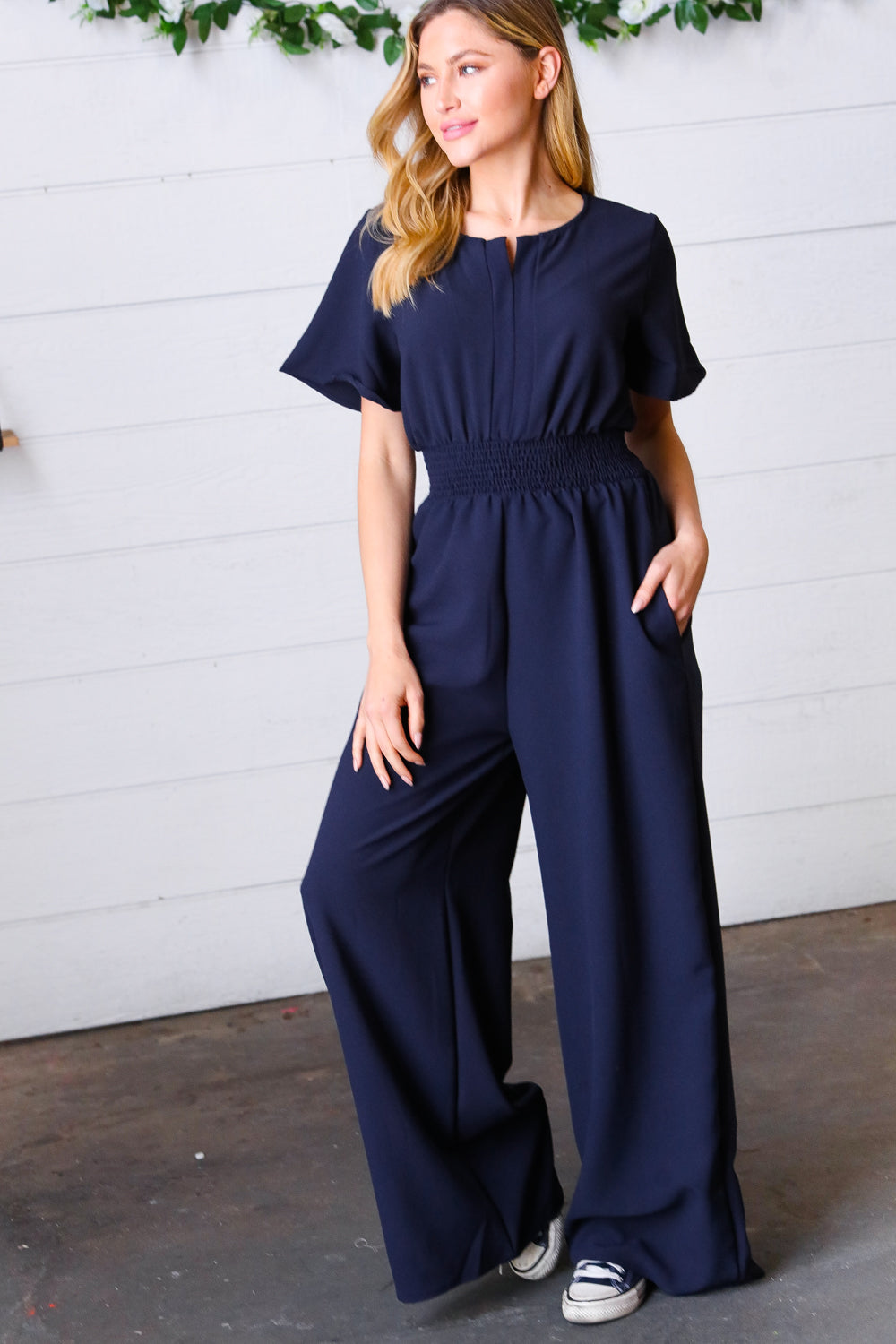 Haptics Dark Blue Smocked Waist Notch Neck Crepe Jumpsuit Final Sale